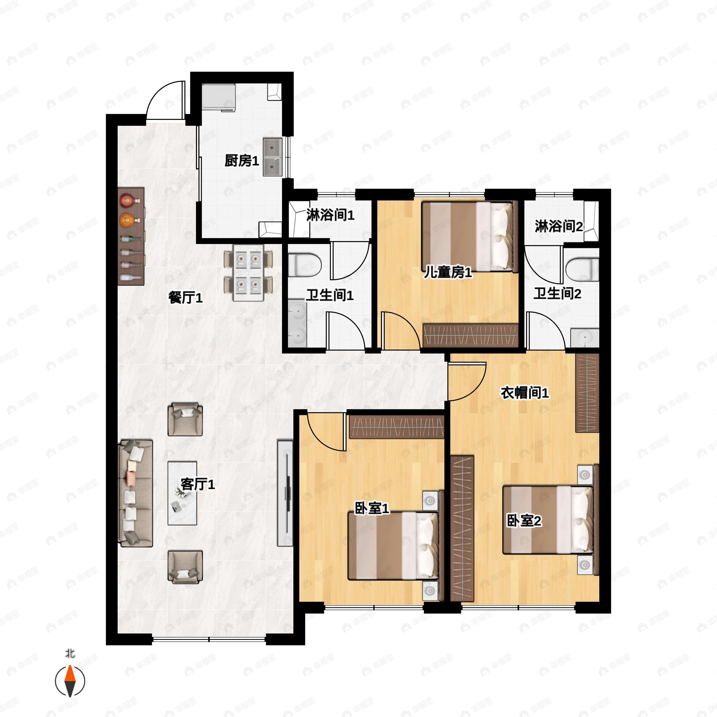3室2厅2卫建面115m²南|北户型图