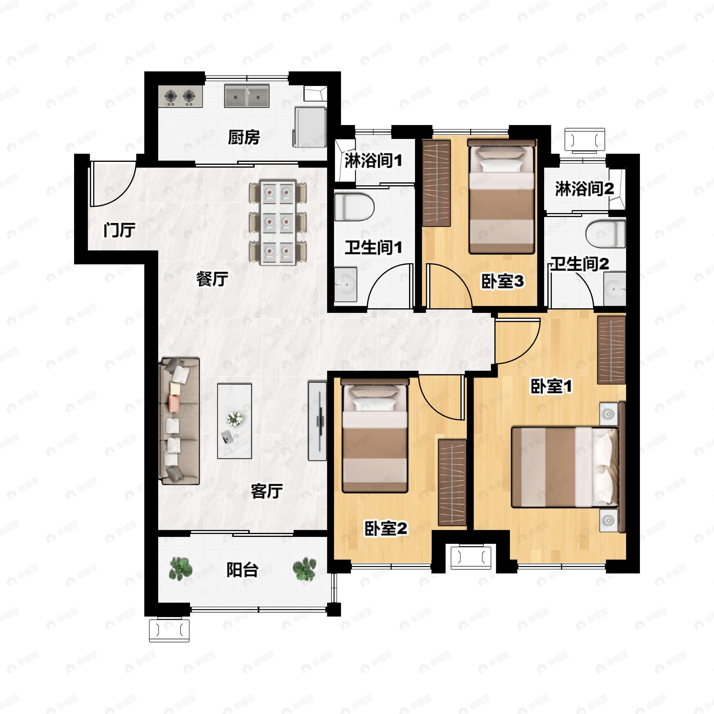 3室2厅2卫建面106平南户型图