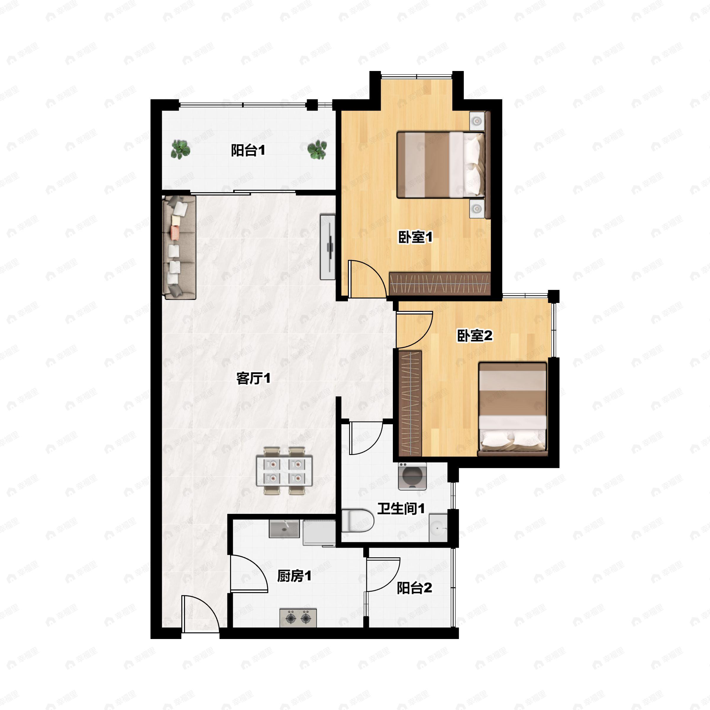2室2厅1卫建面85m²北户型图