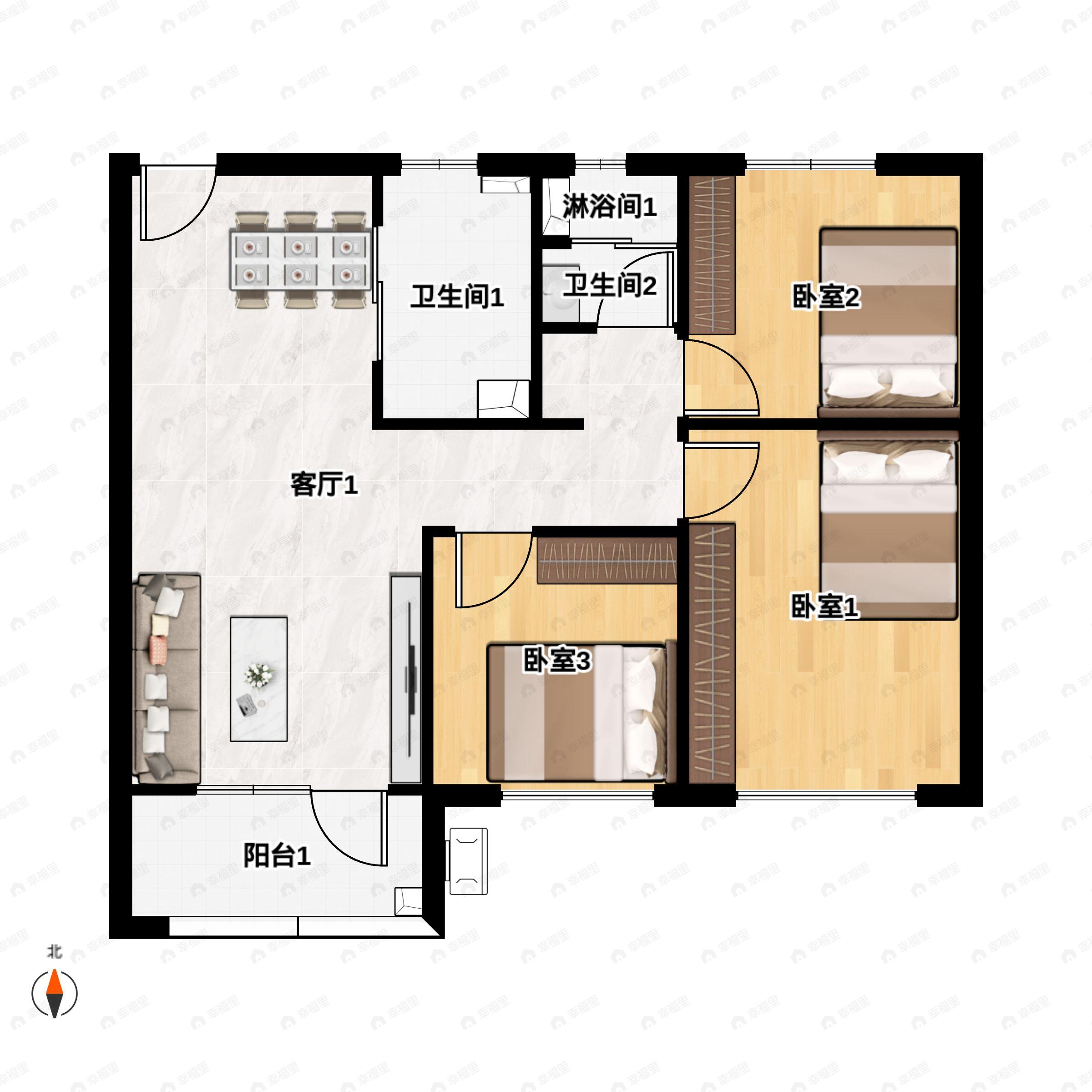 3室2厅1卫建面98m²北|南户型图