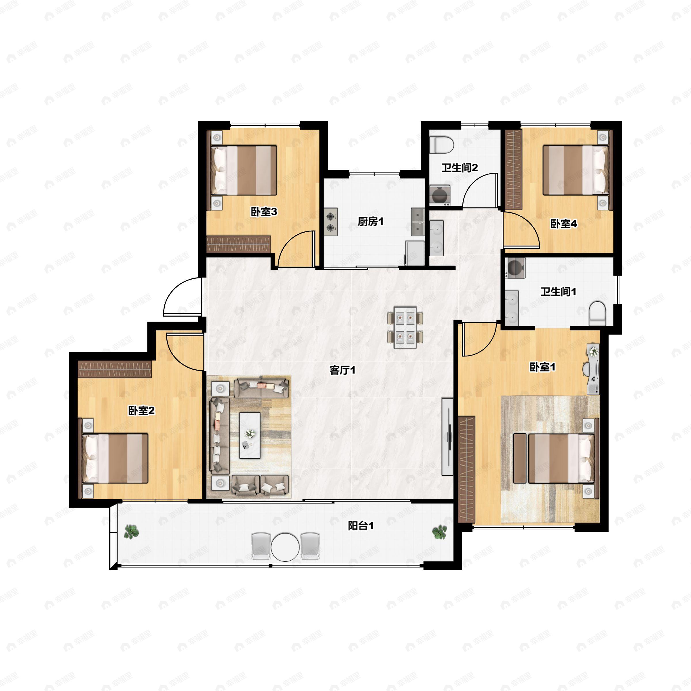 4室2厅2卫建面115平南户型图