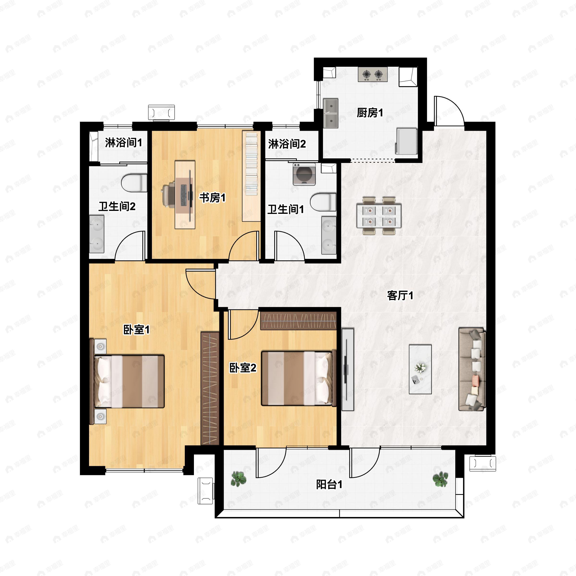 3室2厅2卫建面120m²南户型图