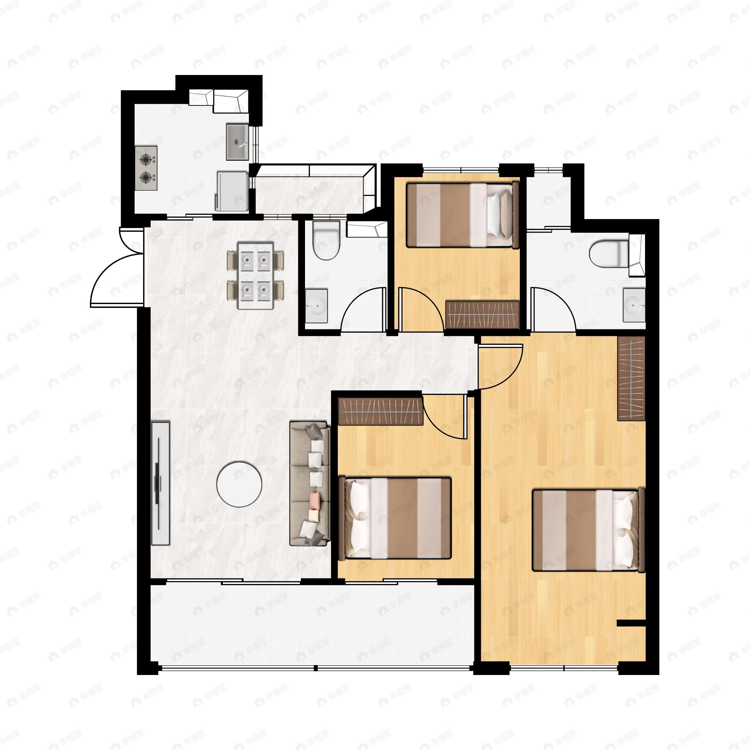 3室2厅2卫建面107m²南户型图
