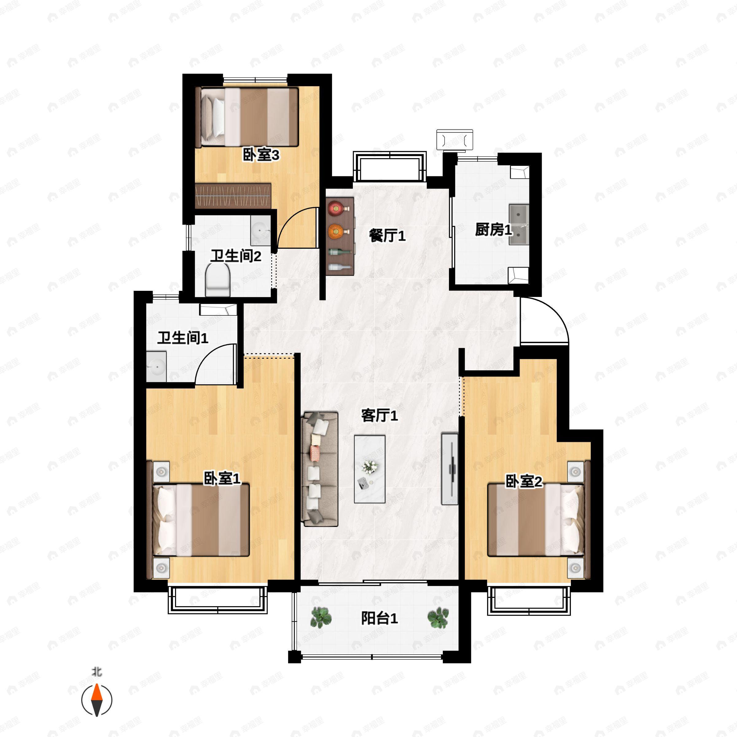 3室2厅2卫建面105m²南户型图