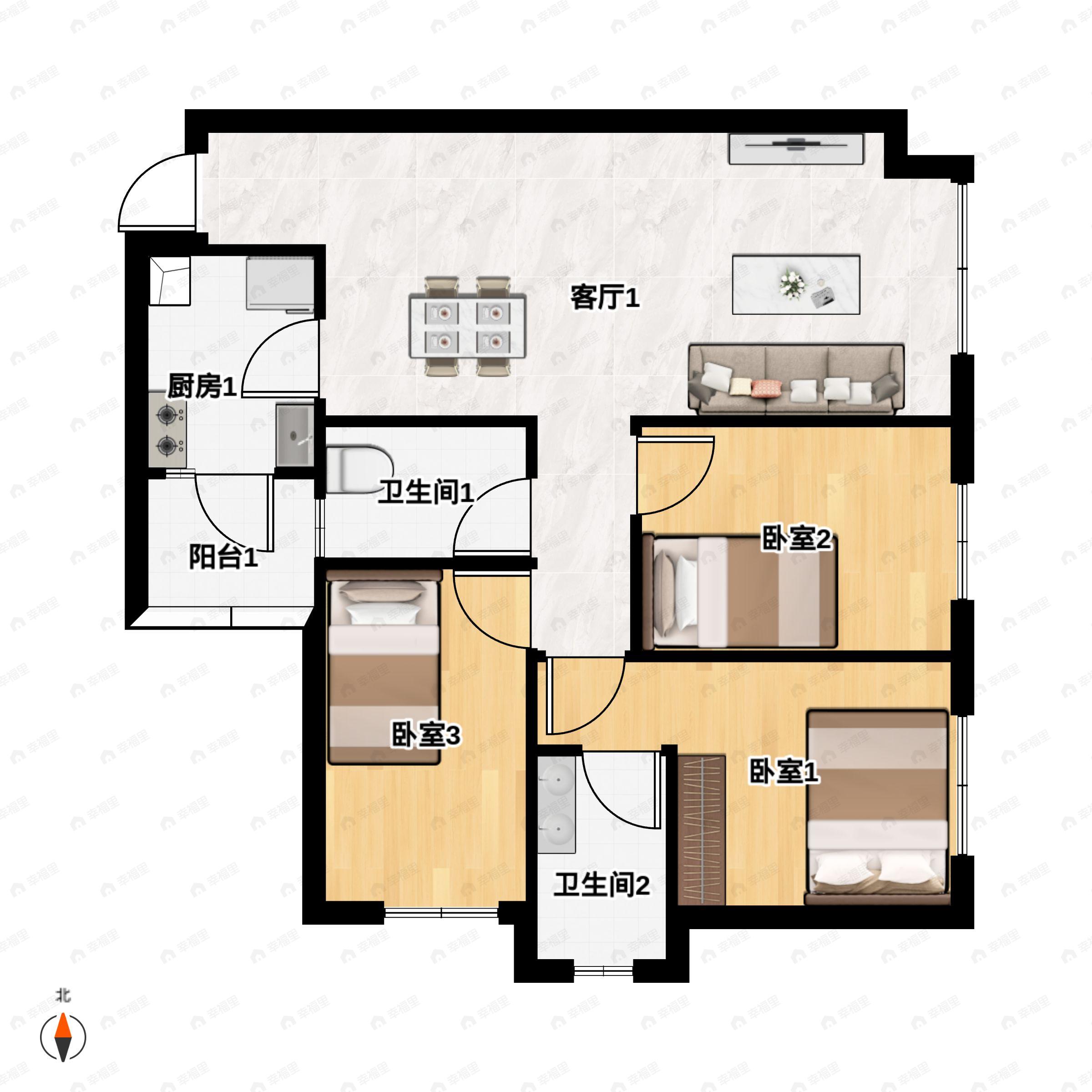 3室2厅2卫建面93平户型图