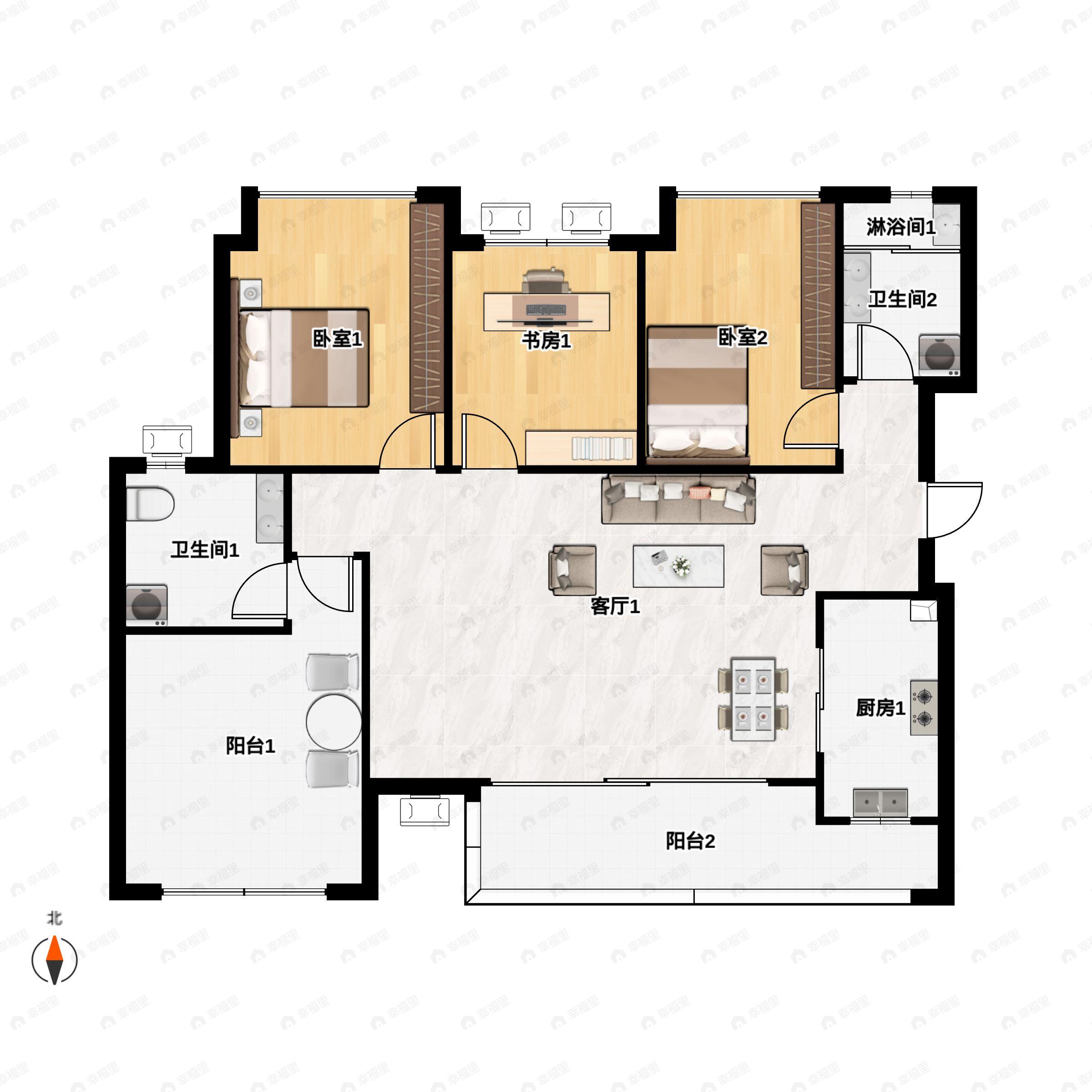 4室2厅2卫建面118平南|北户型图