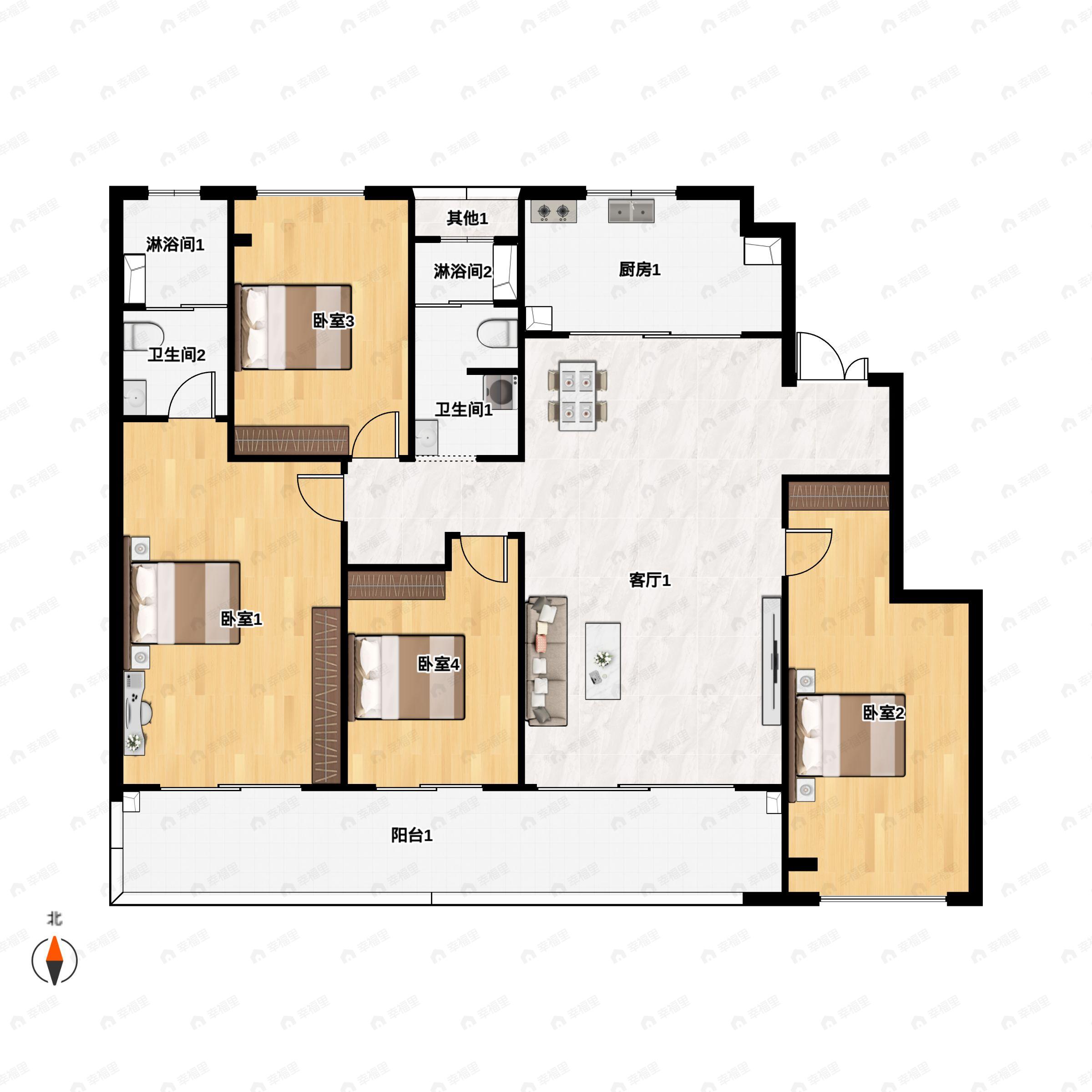 4室2厅3卫建面166平南户型图