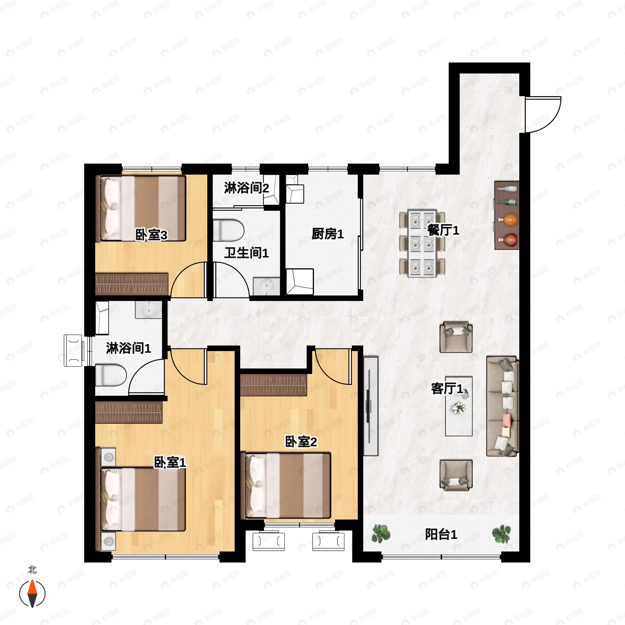 3室2厅2卫建面128平南|北户型图