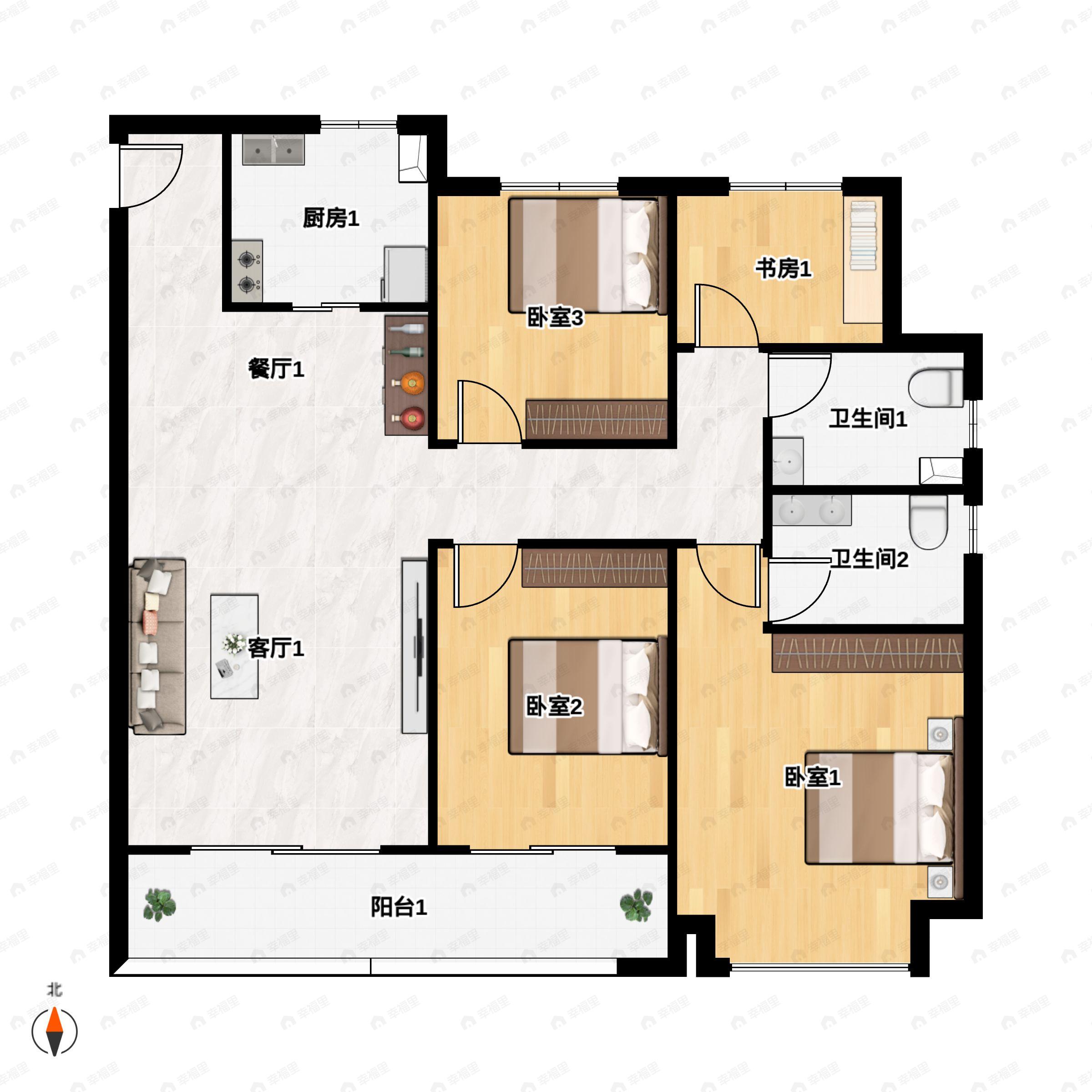 4室2厅2卫建面125平南户型图