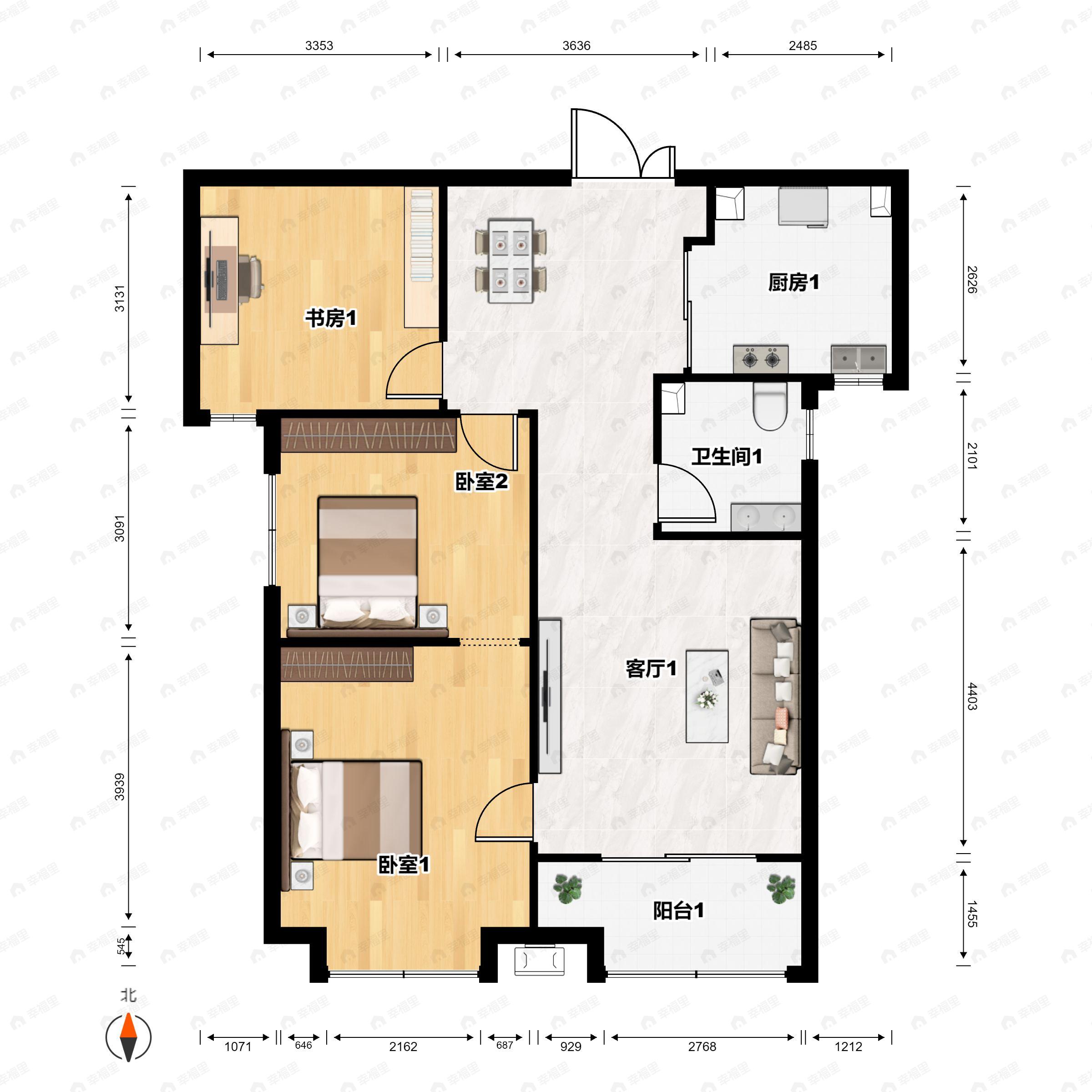 3室2厅1卫建面107m²南户型图