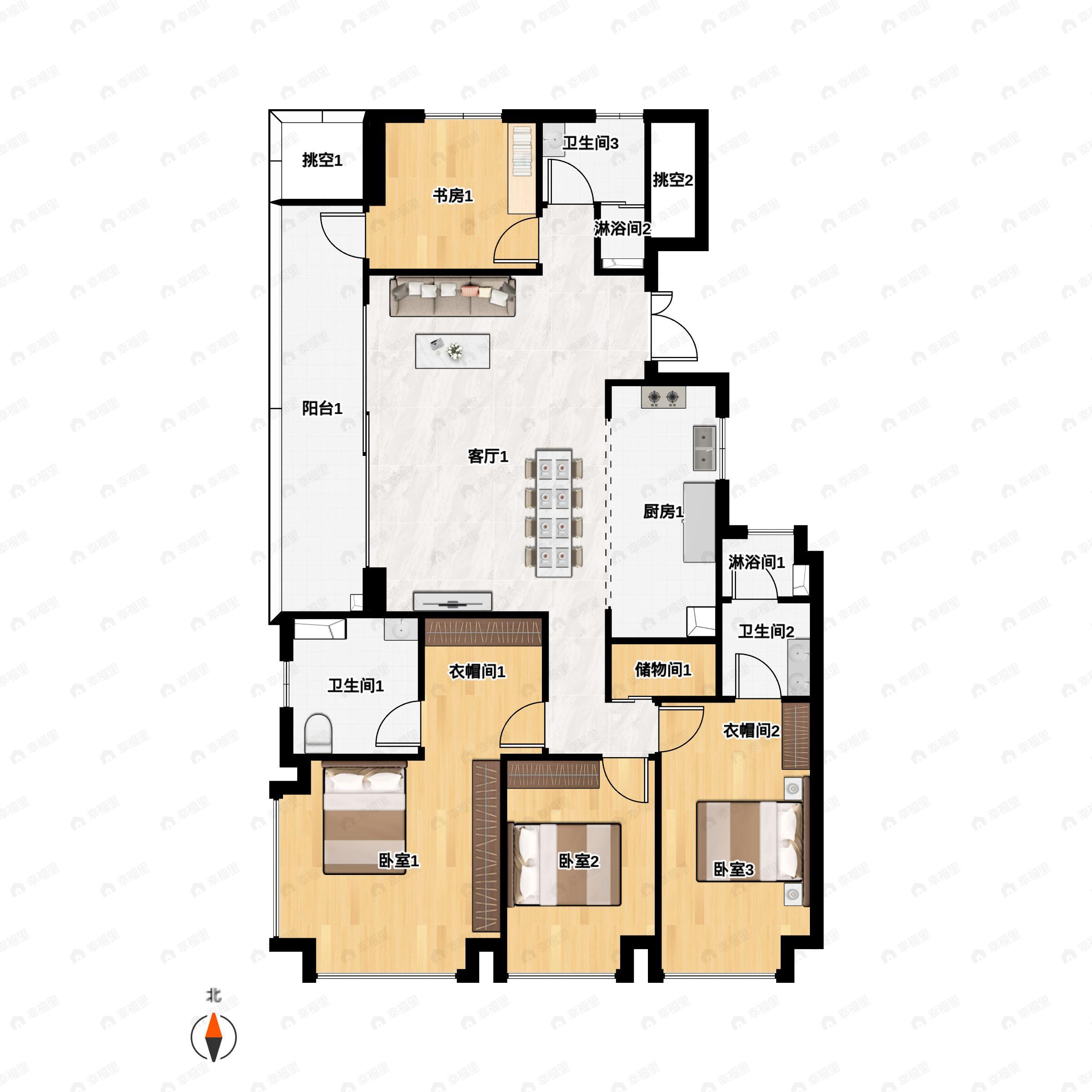 4室2厅3卫建面170平户型图