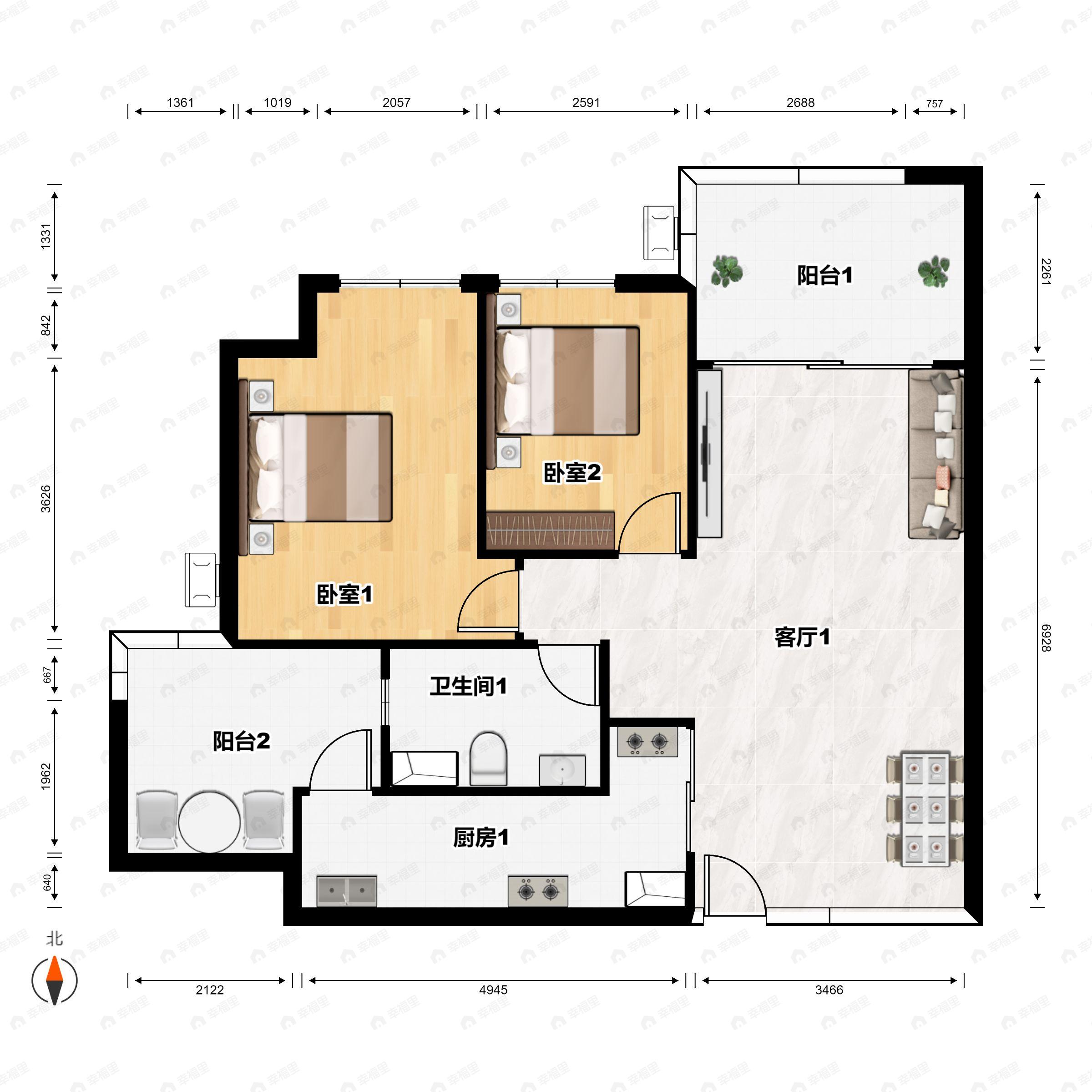 2室2厅1卫建面88平undefined户型图