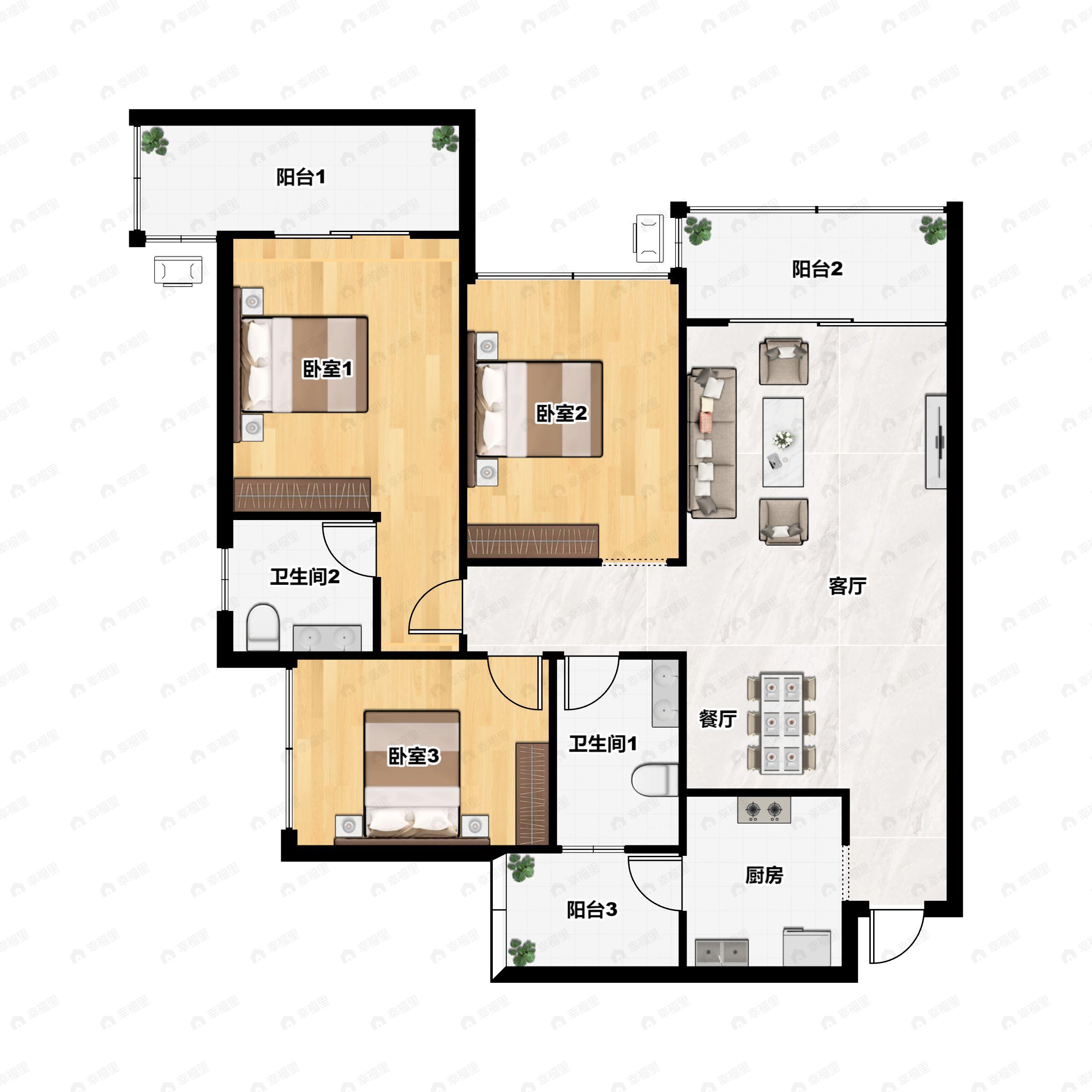 3室2厅2卫建面113平西南户型图