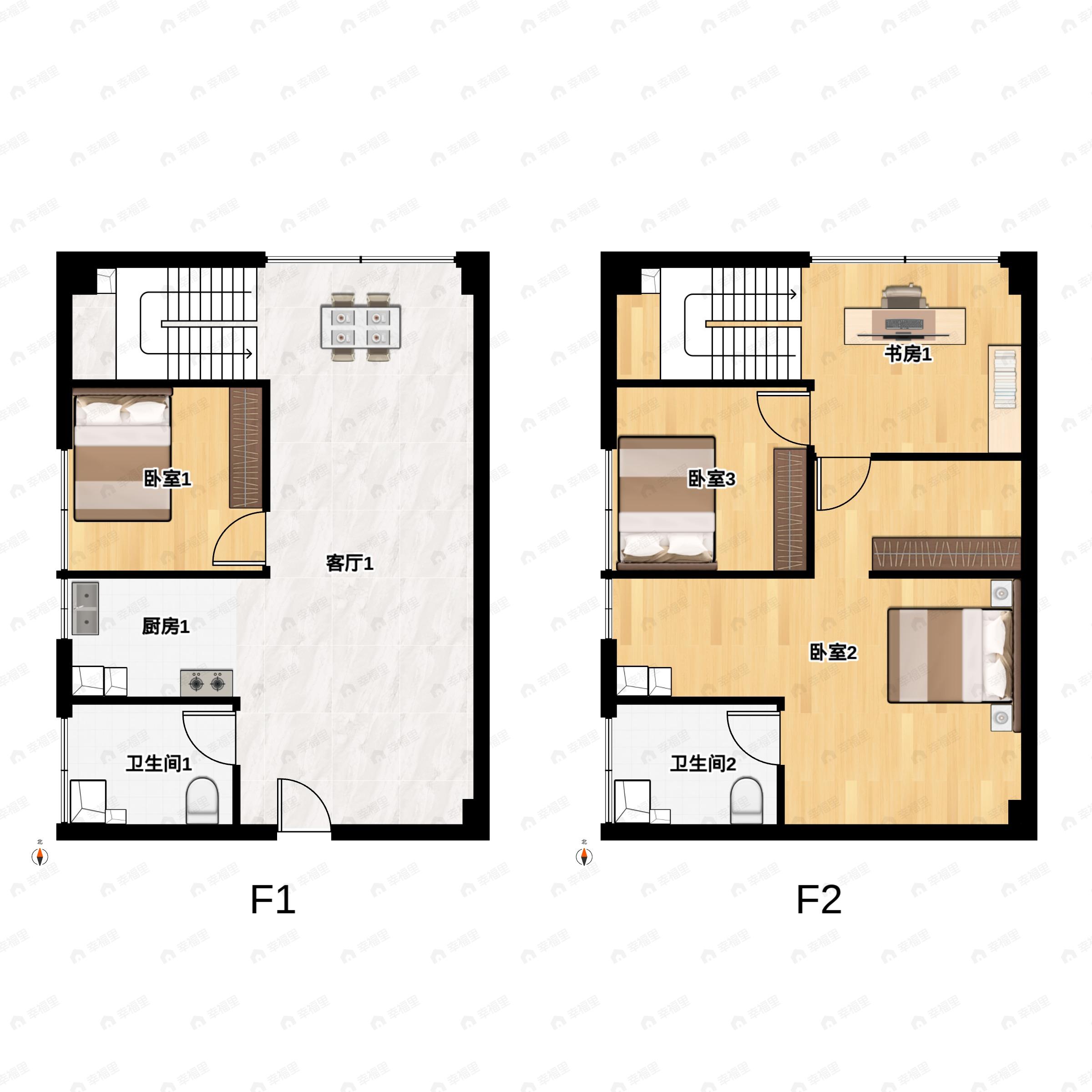 3室2厅2卫建面74平北户型图