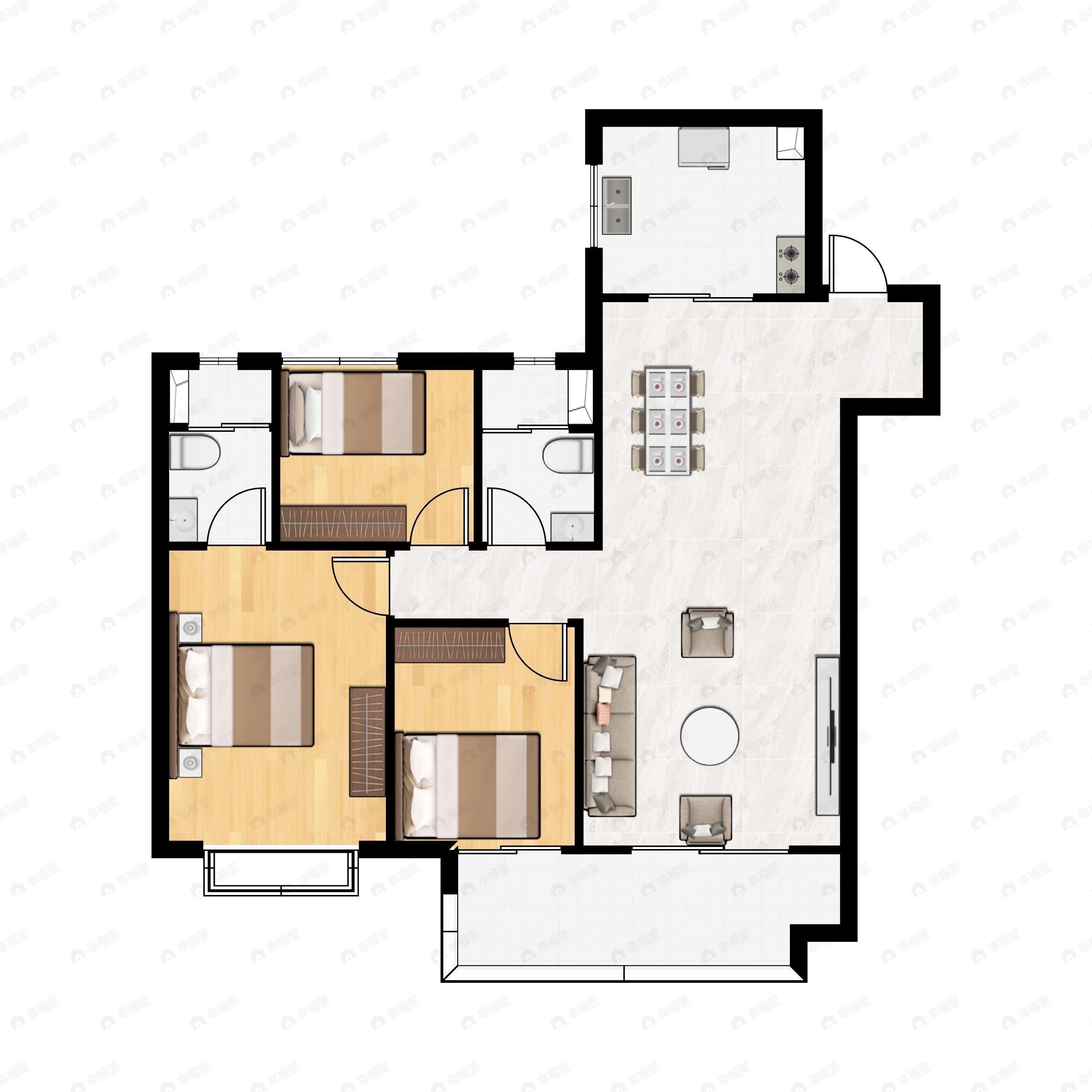 3室2厅2卫建面118m²南户型图