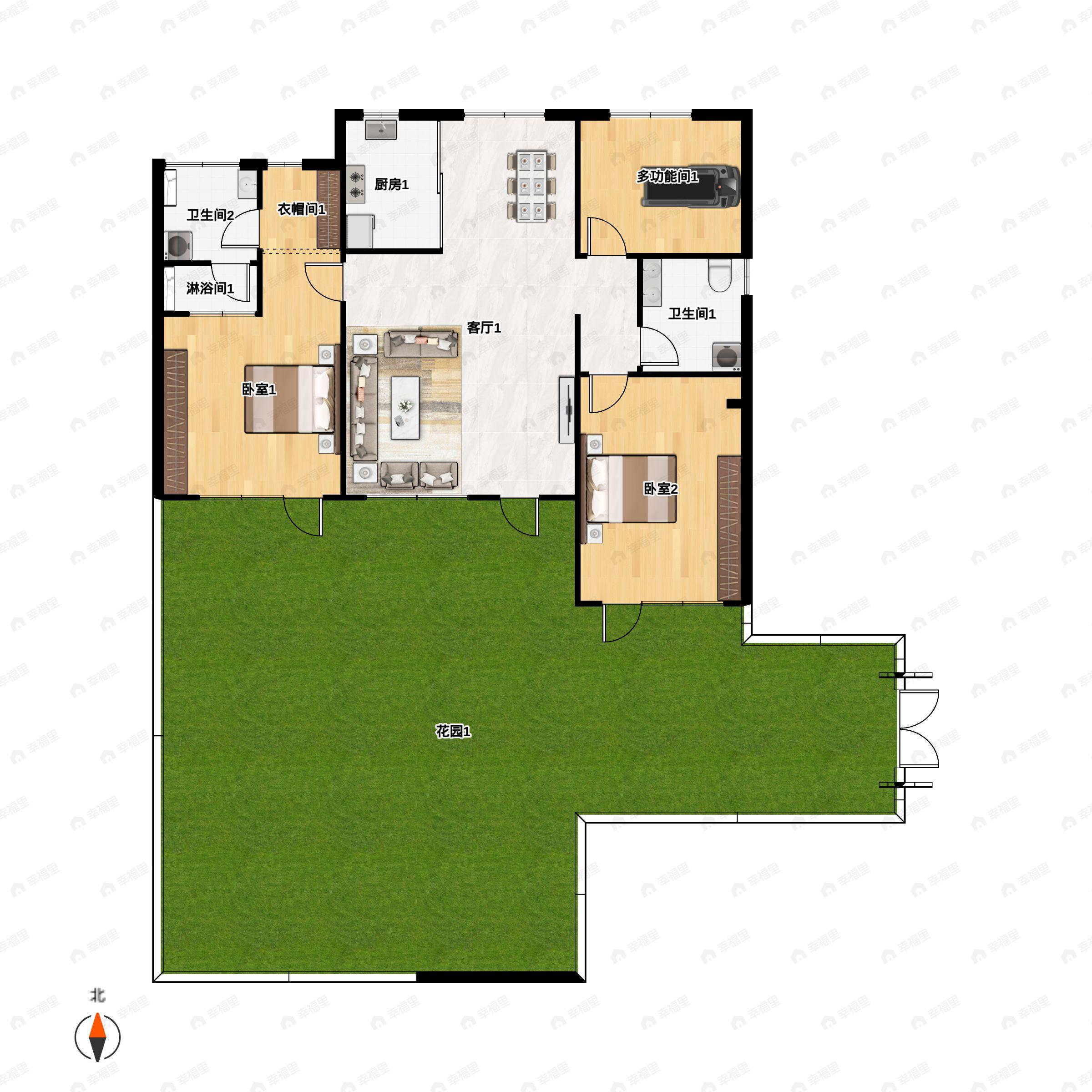 3室2厅2卫建面91m²北|南户型图