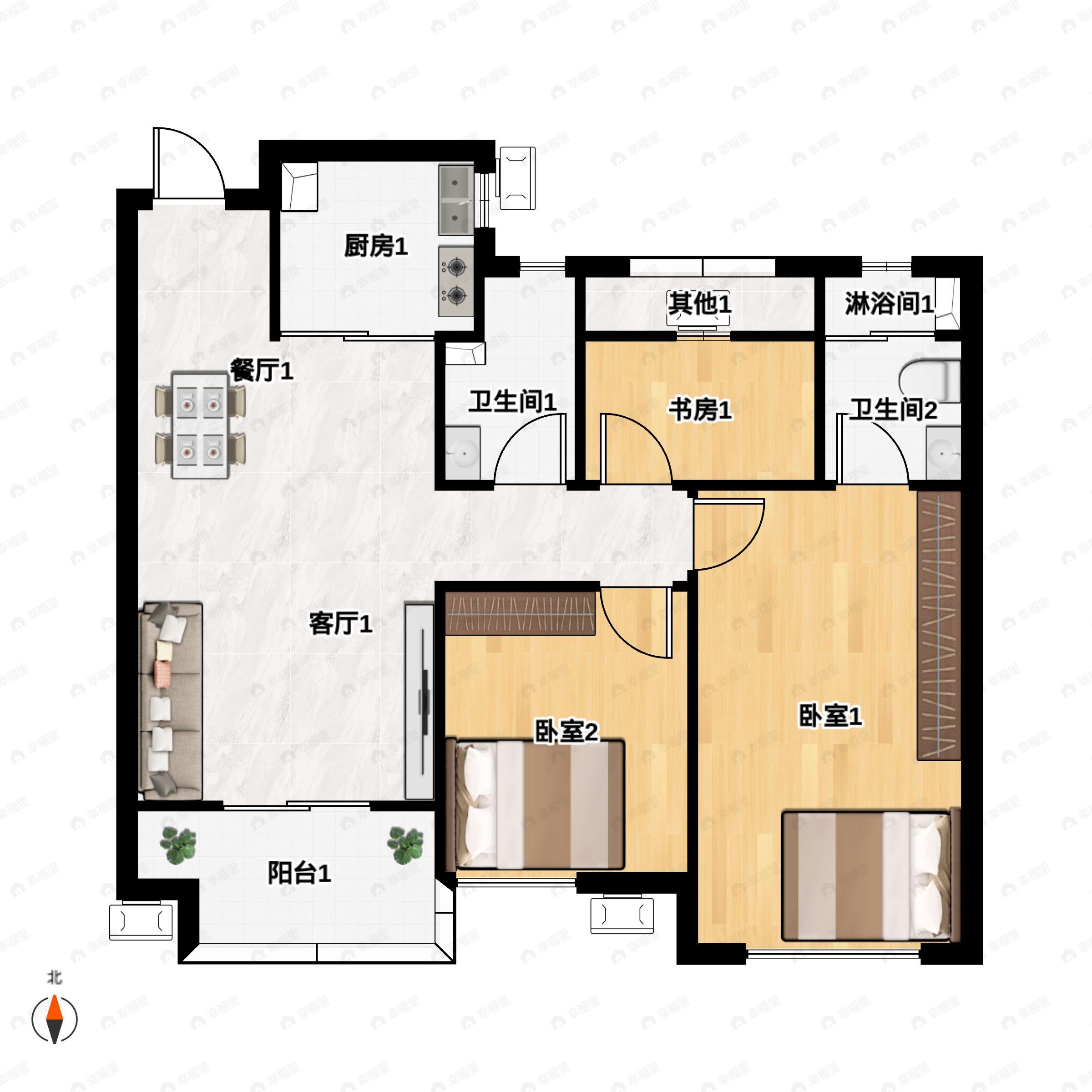 3室2厅2卫建面100平户型图