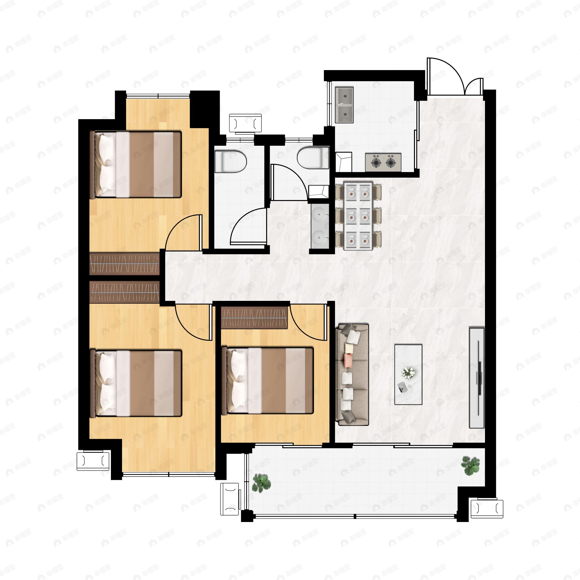 3室2厅2卫建面98平户型图