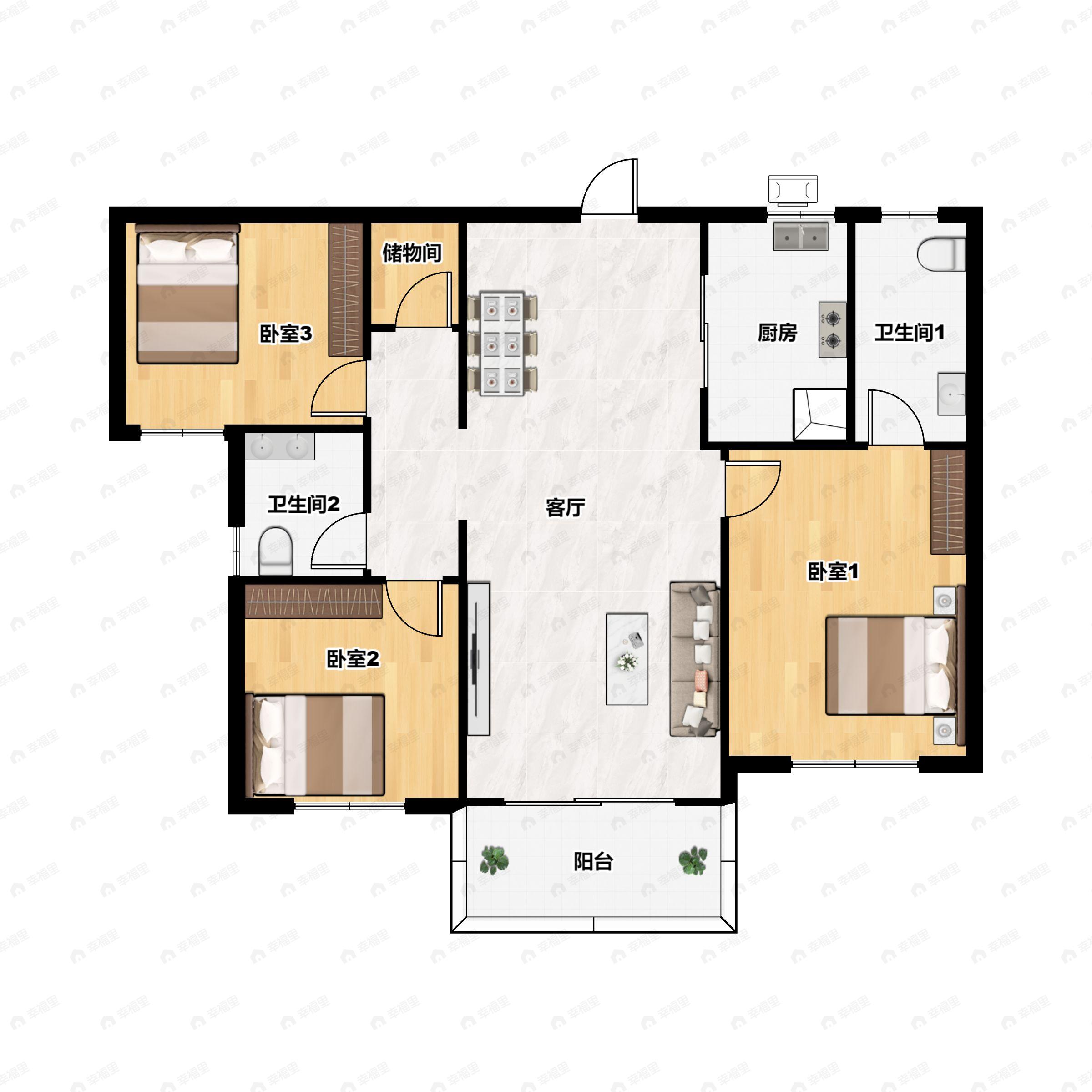 3室2厅2卫建面126平户型图