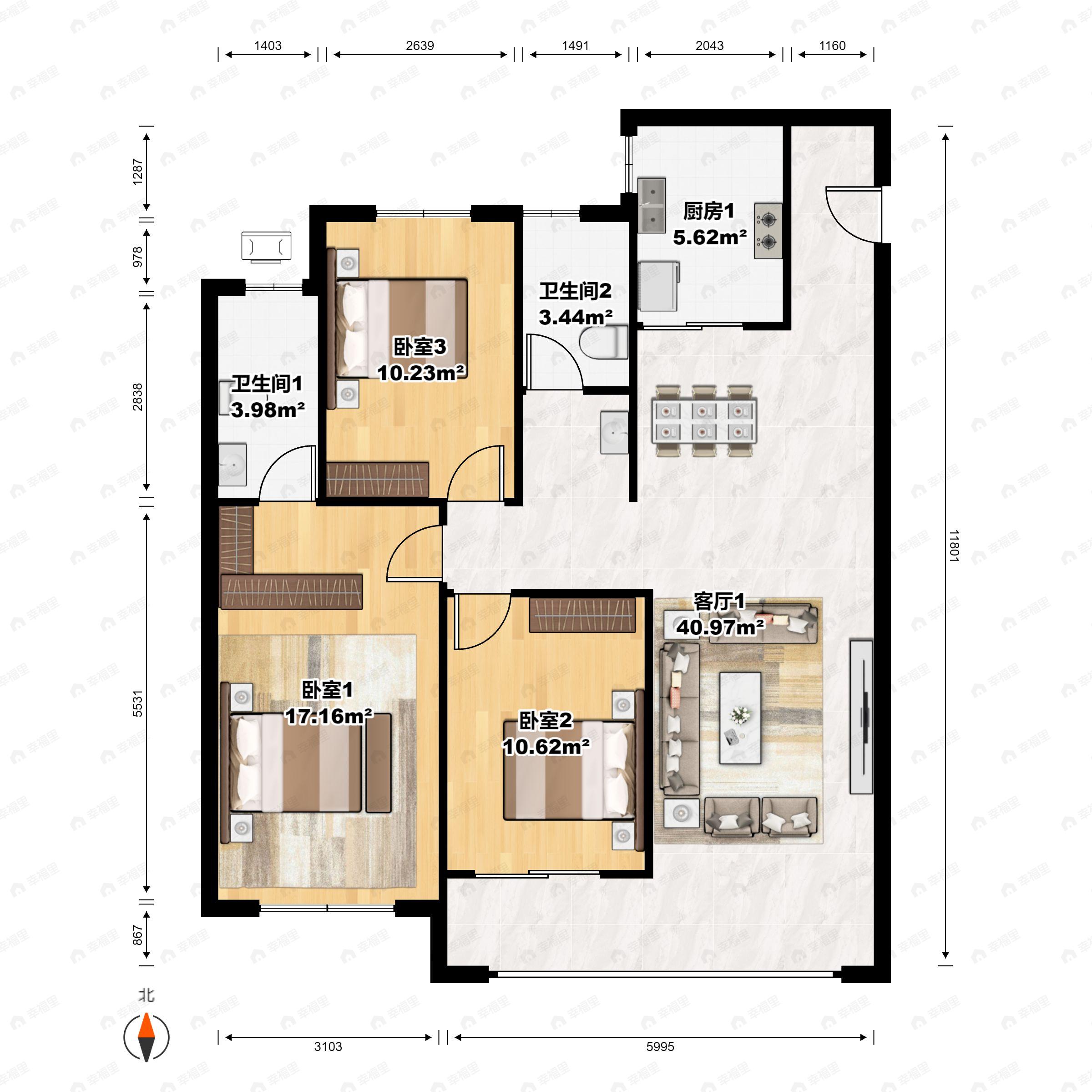 3室2厅2卫建面115m²北|南户型图