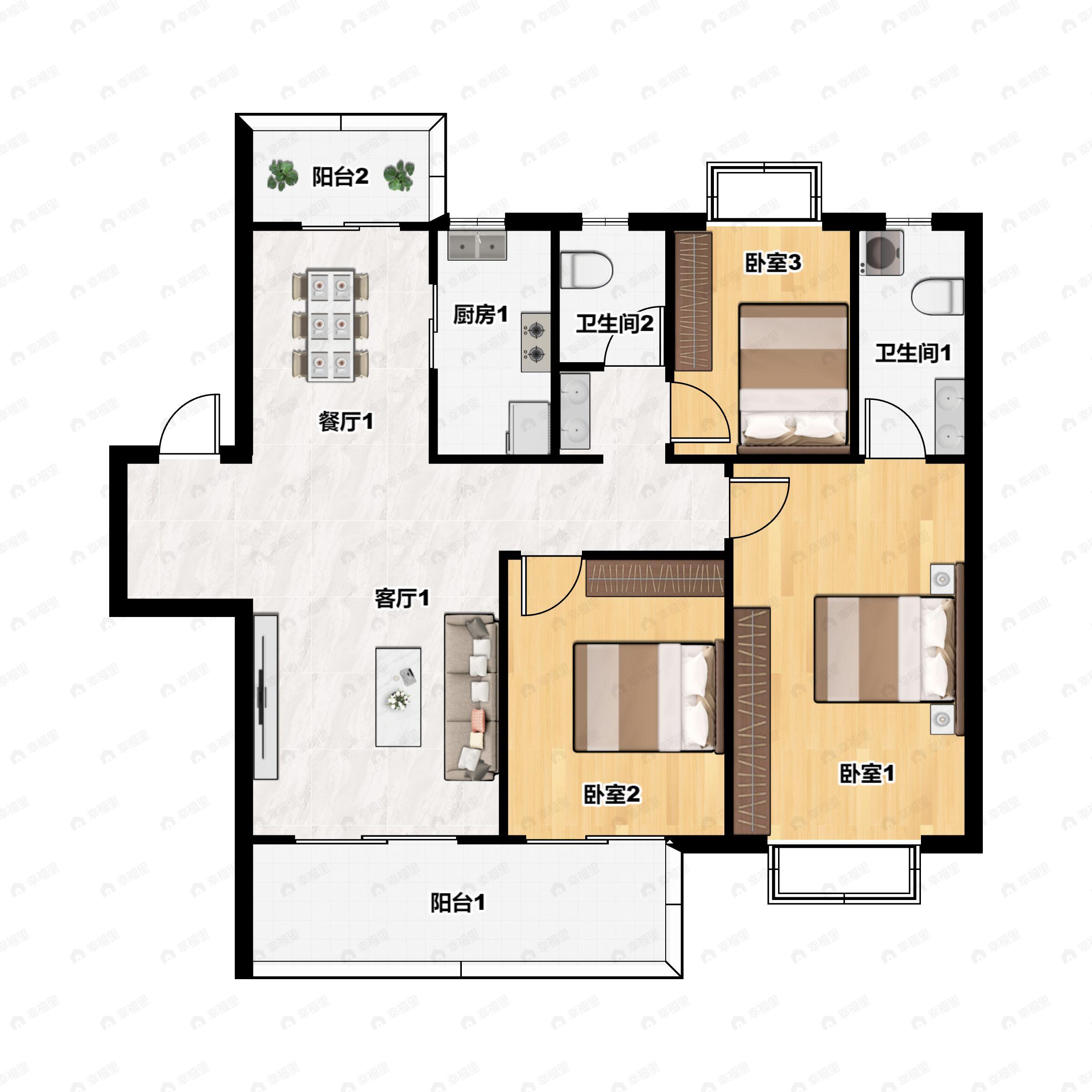 3室2厅2卫建面121m²南|北户型图