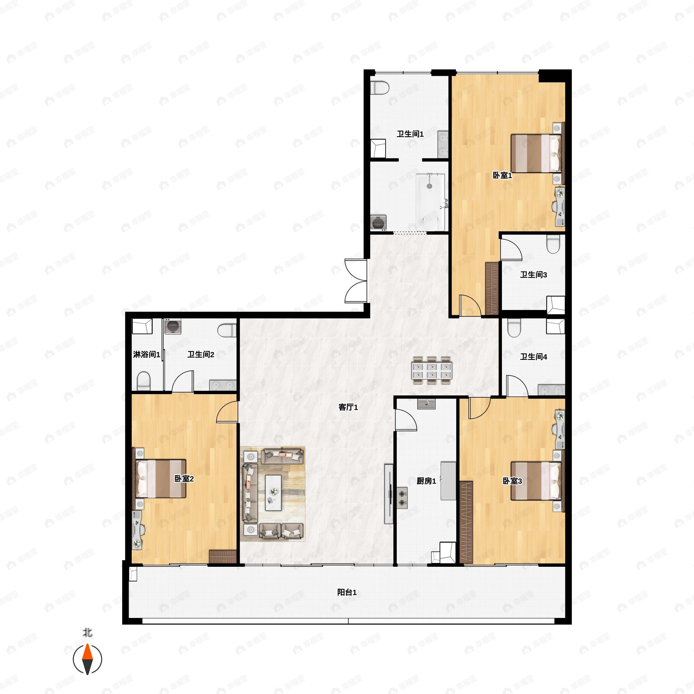 3室2厅4卫建面226平西北户型图