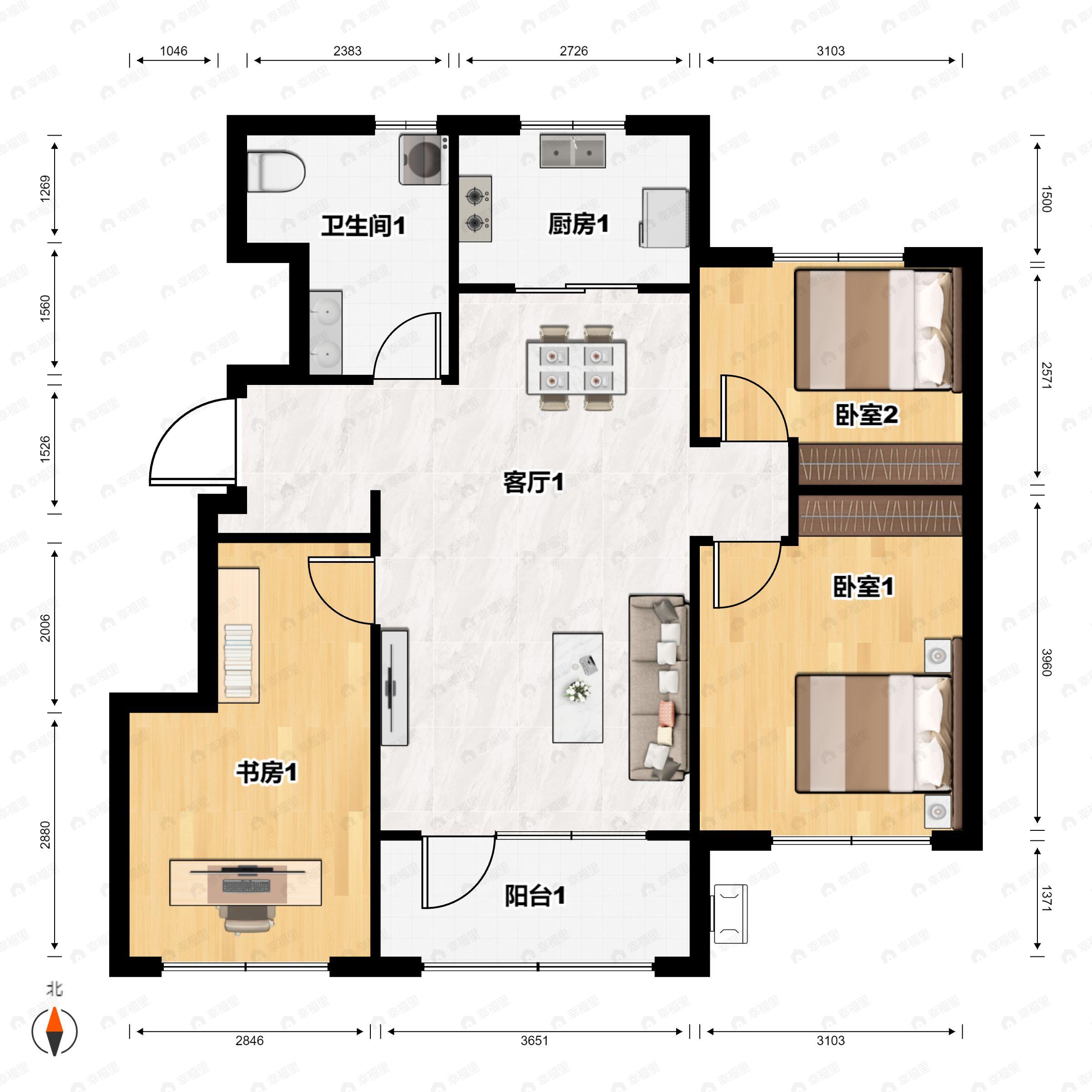3室2厅1卫建面98平户型图