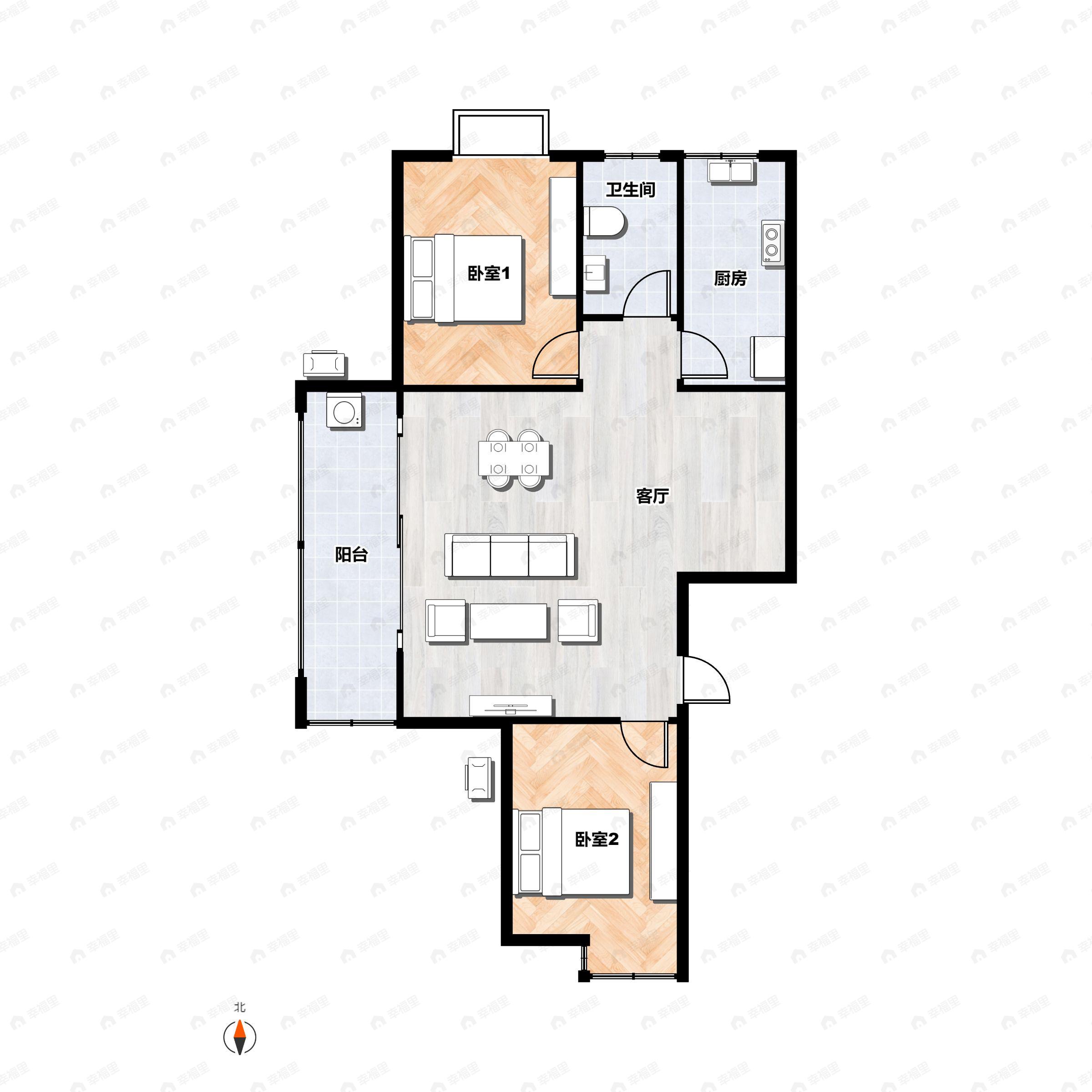 2室2厅1卫建面95平南户型图