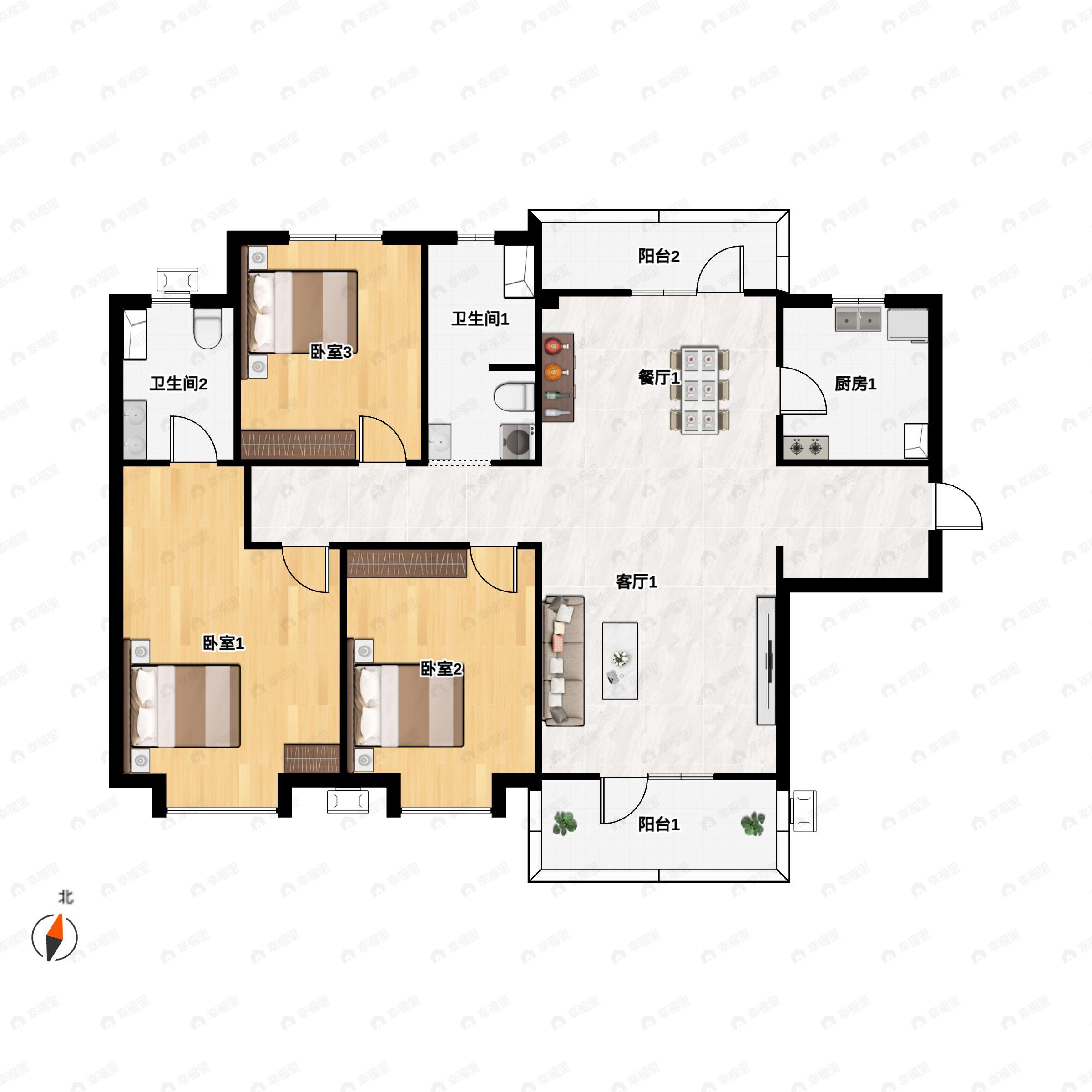 3室2厅2卫建面139平北|南户型图
