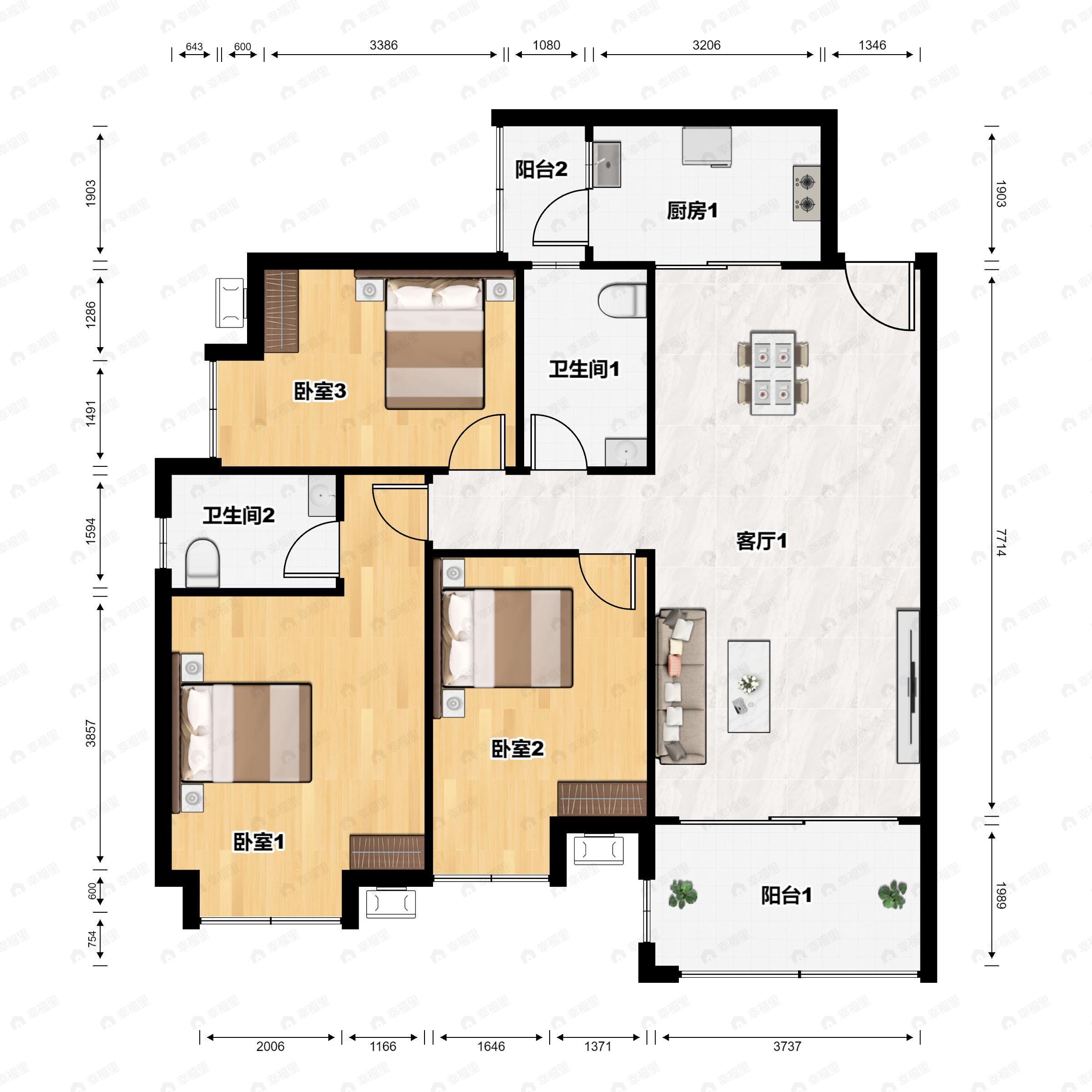 3室2厅2卫建面118平南户型图
