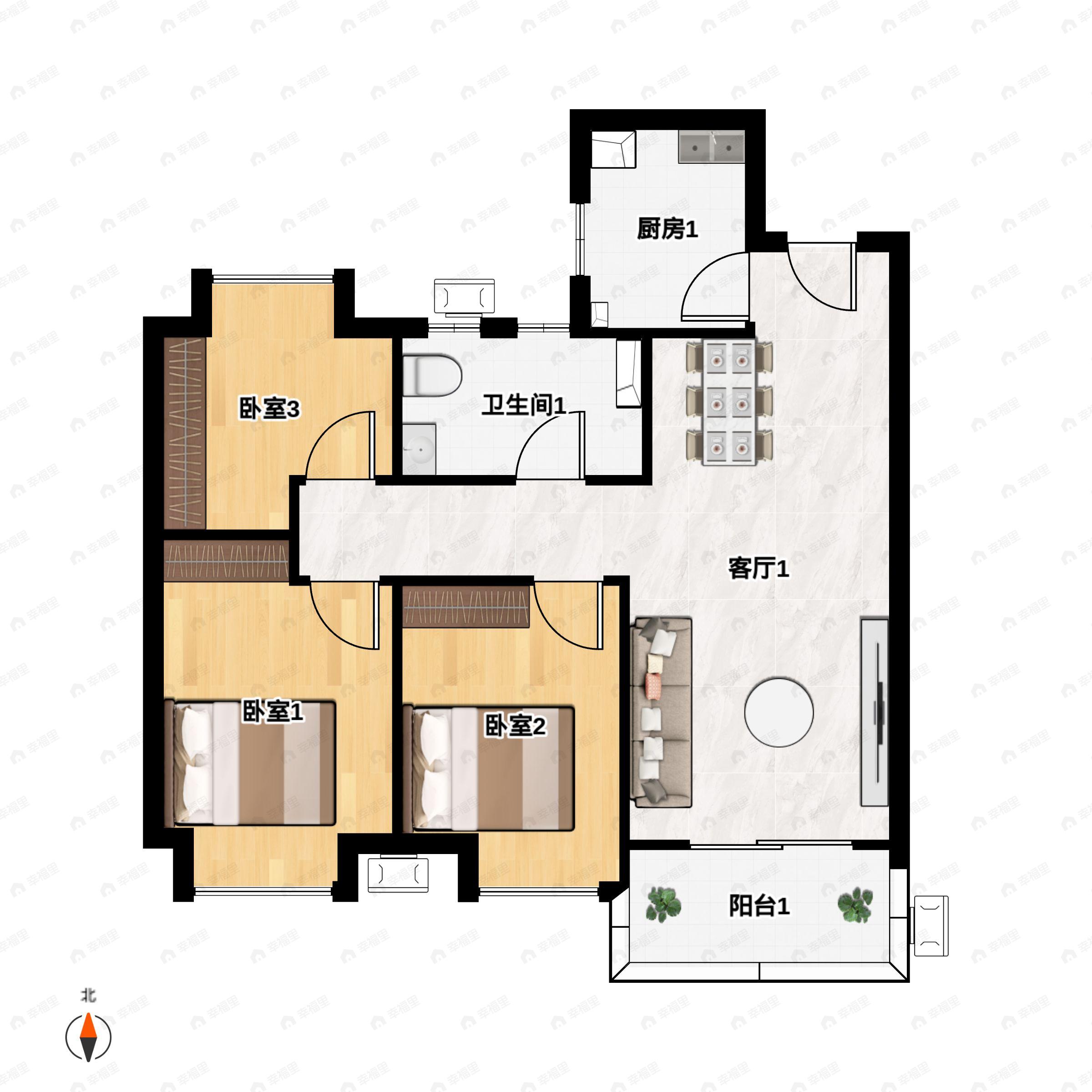 3室2厅1卫建面94平南户型图