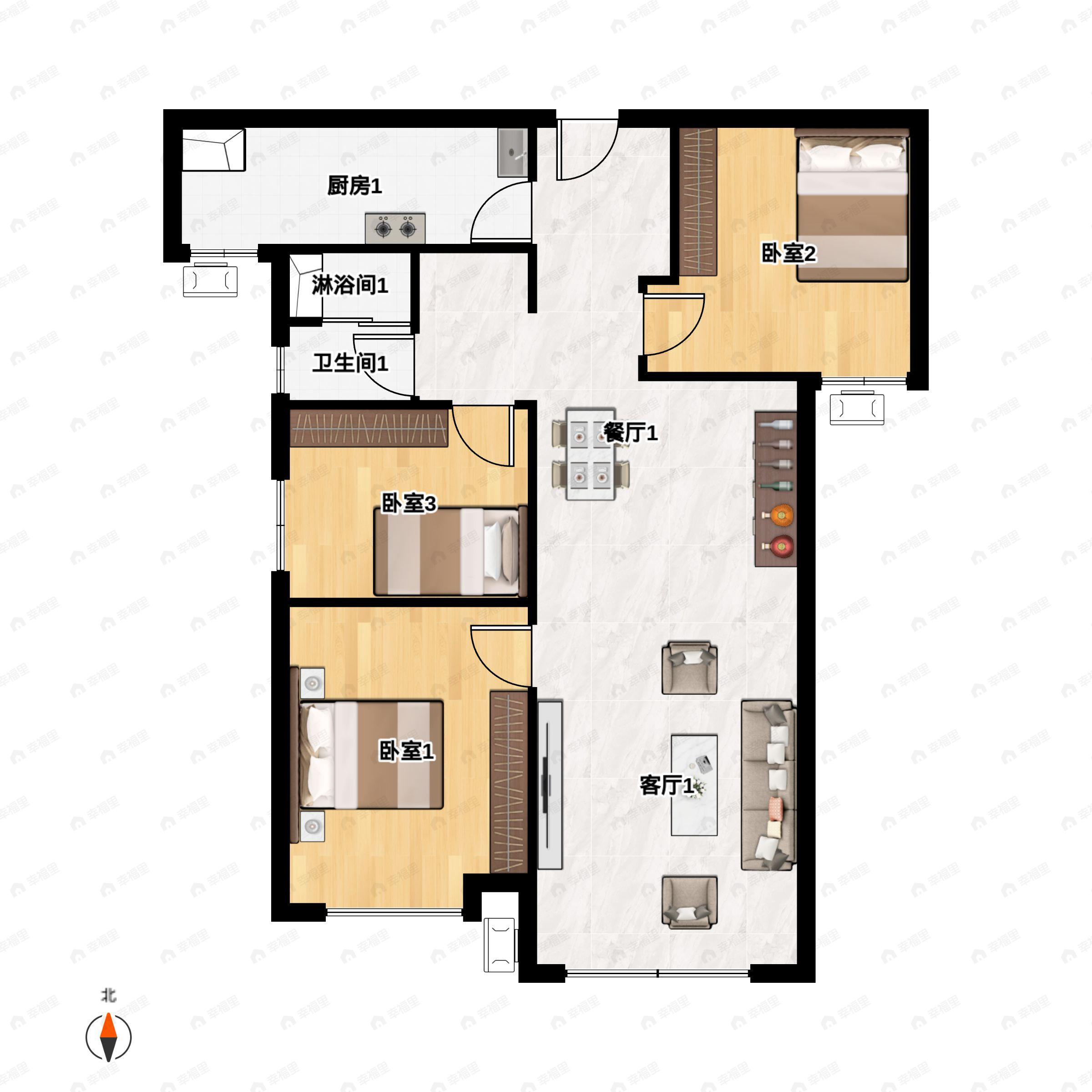 3室2厅1卫建面99m²北|南户型图