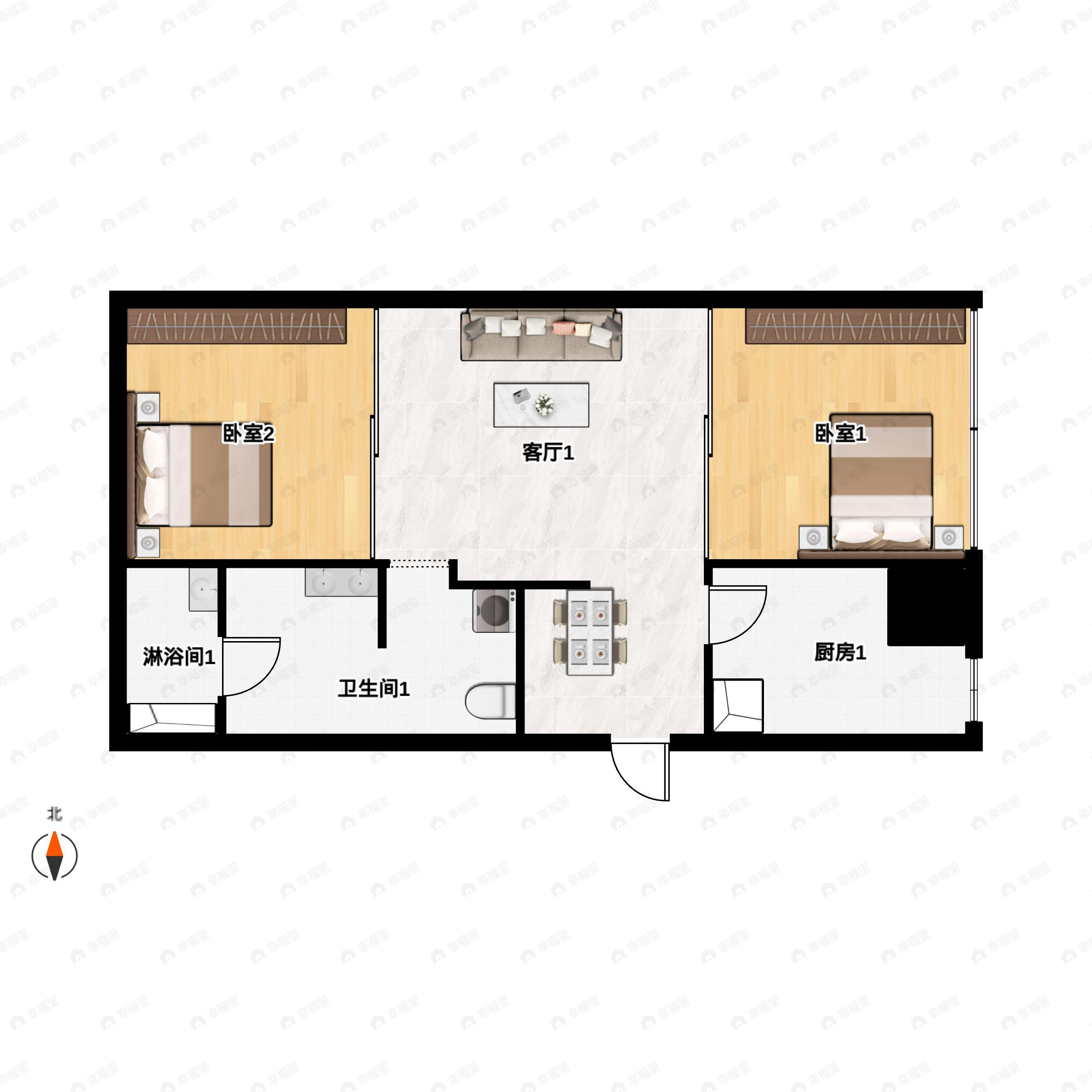 2室1厅1卫建面51平东|西户型图