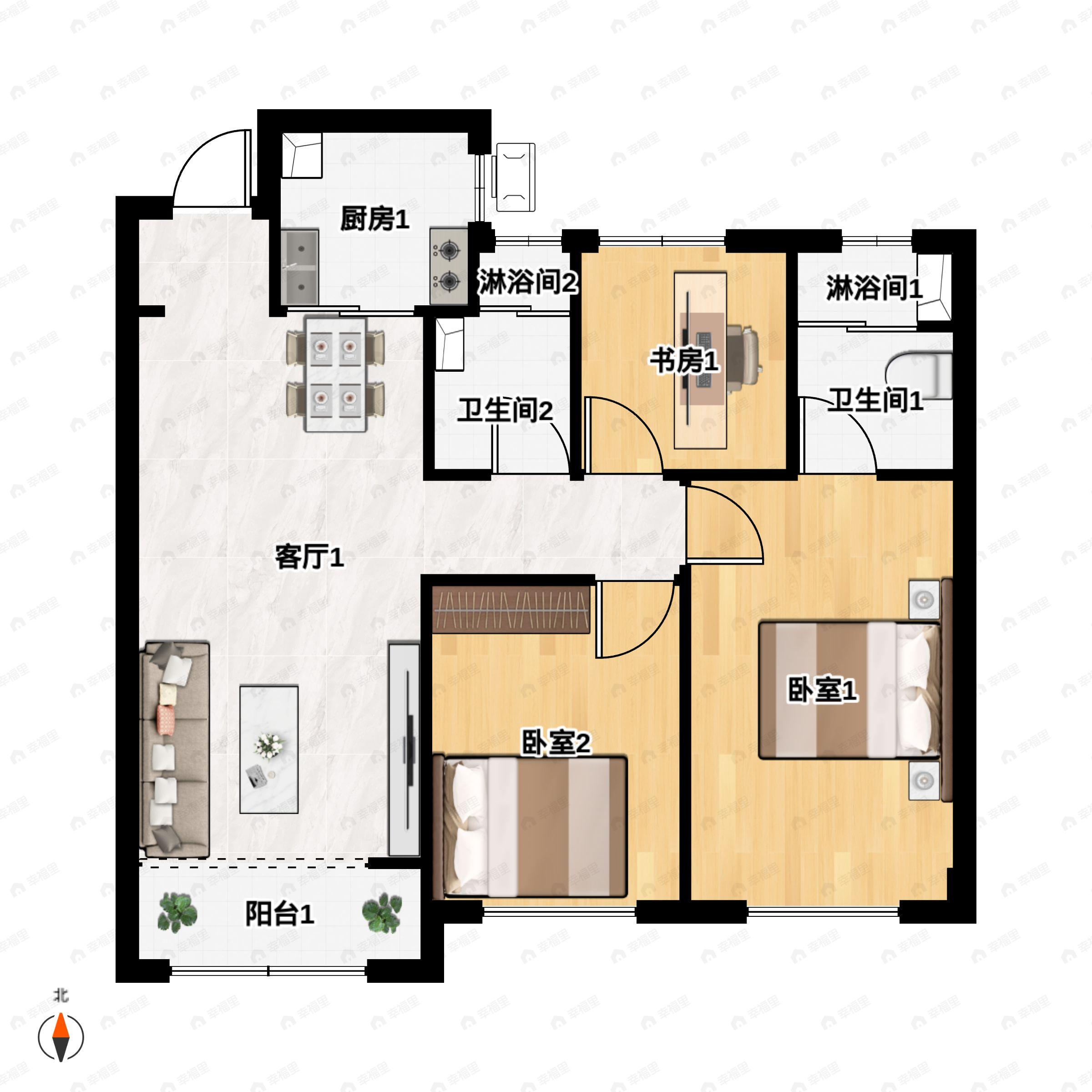 3室2厅2卫建面99平户型图
