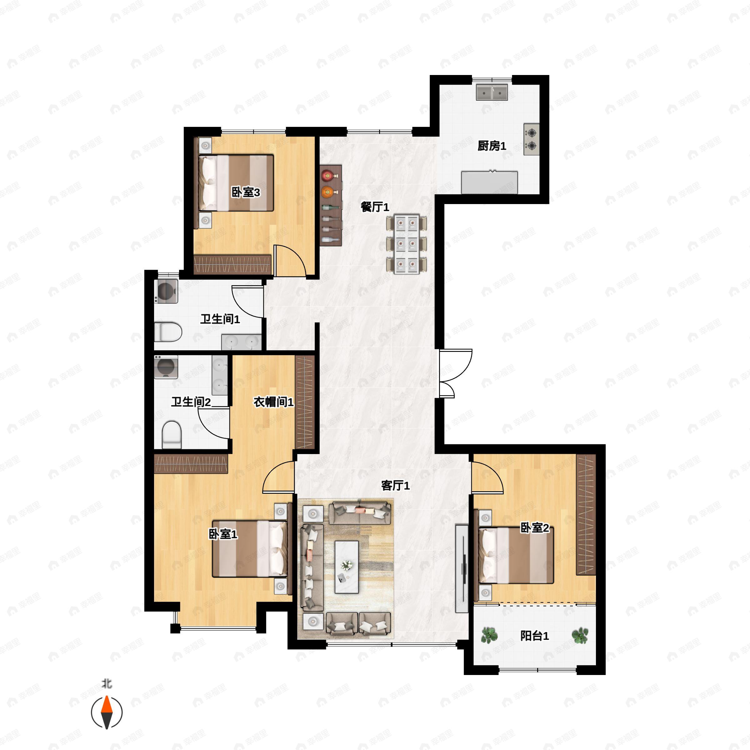 3室2厅2卫建面126平南户型图