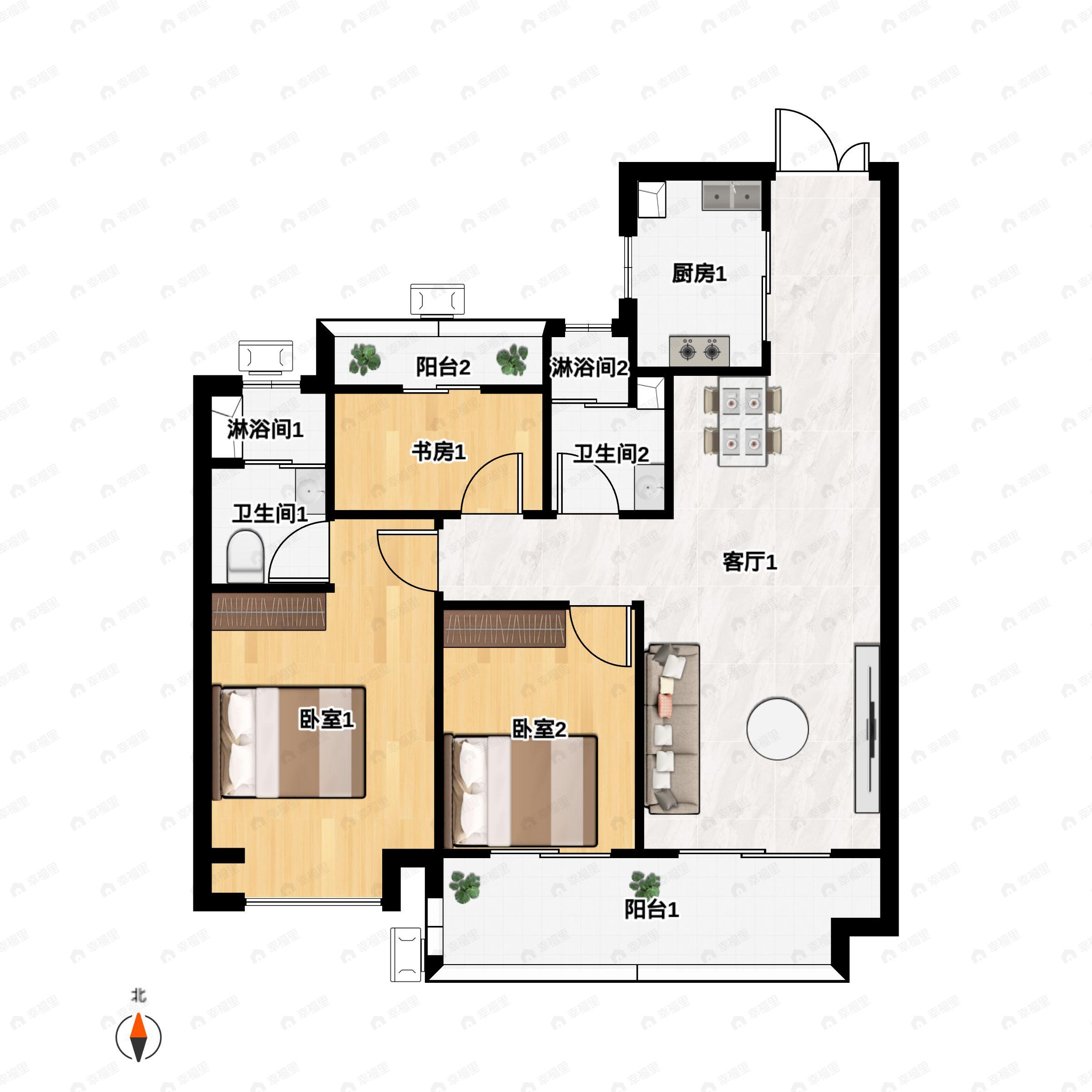 3室2厅2卫建面99平南|北户型图
