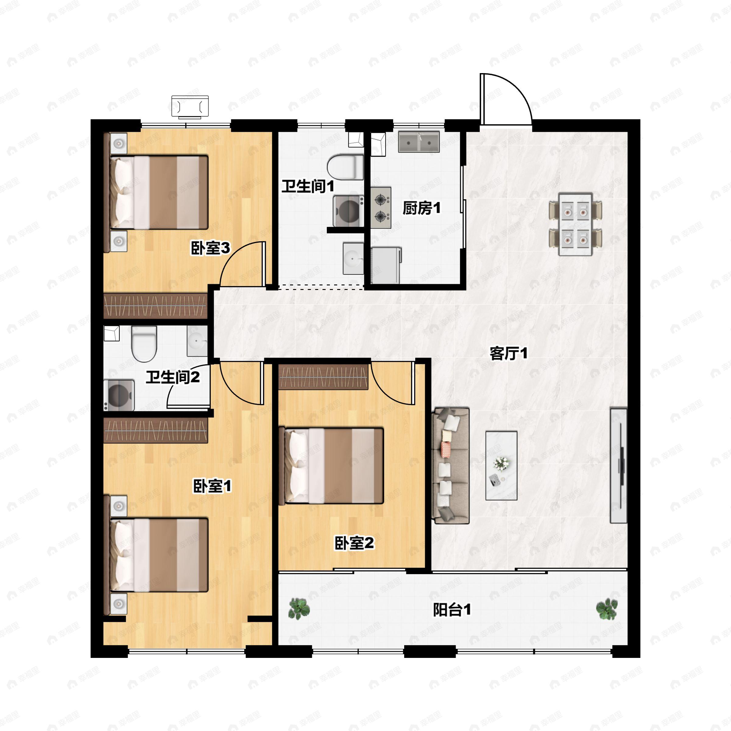 3室2厅2卫建面127m²南|北户型图