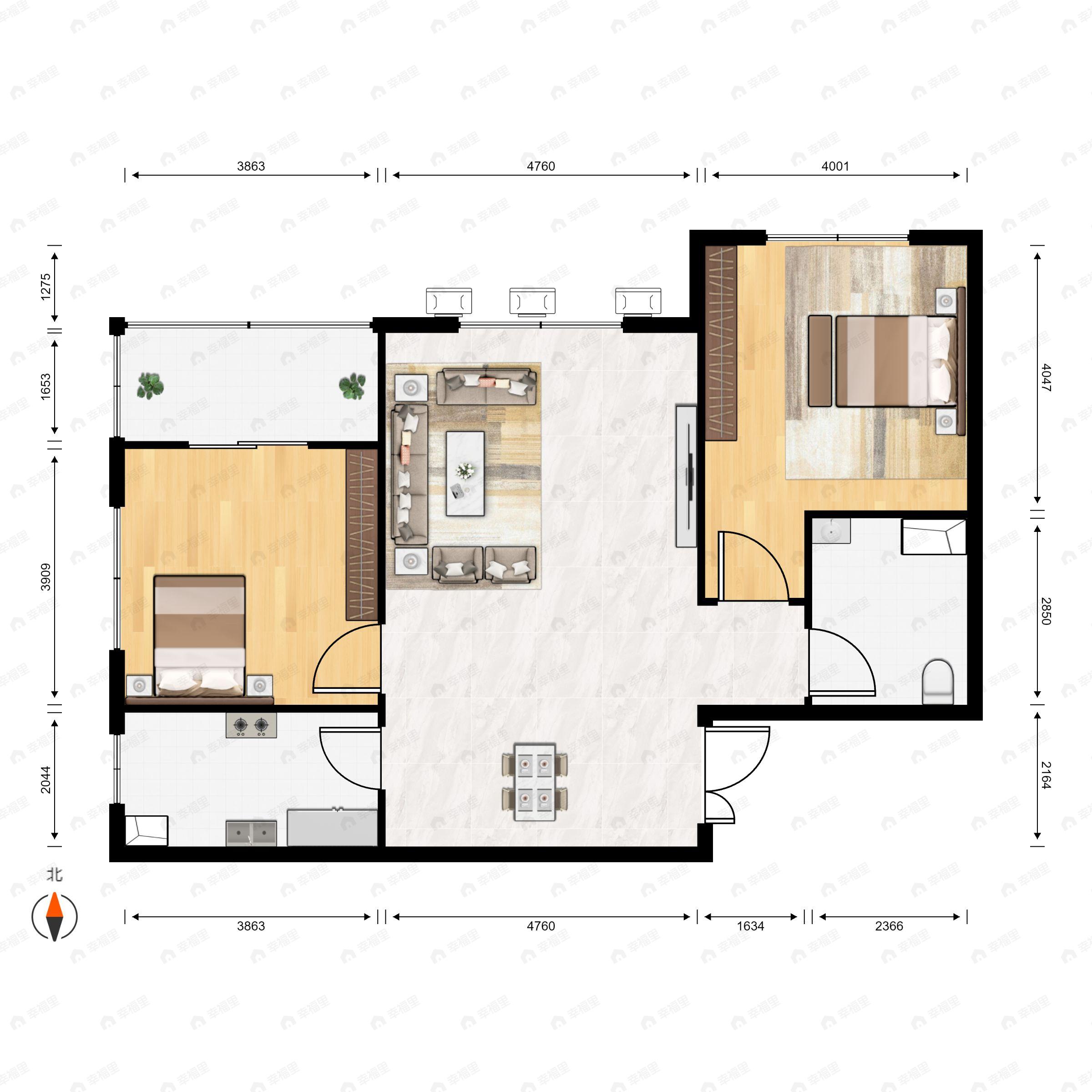 2室2厅1卫建面81m²南户型图