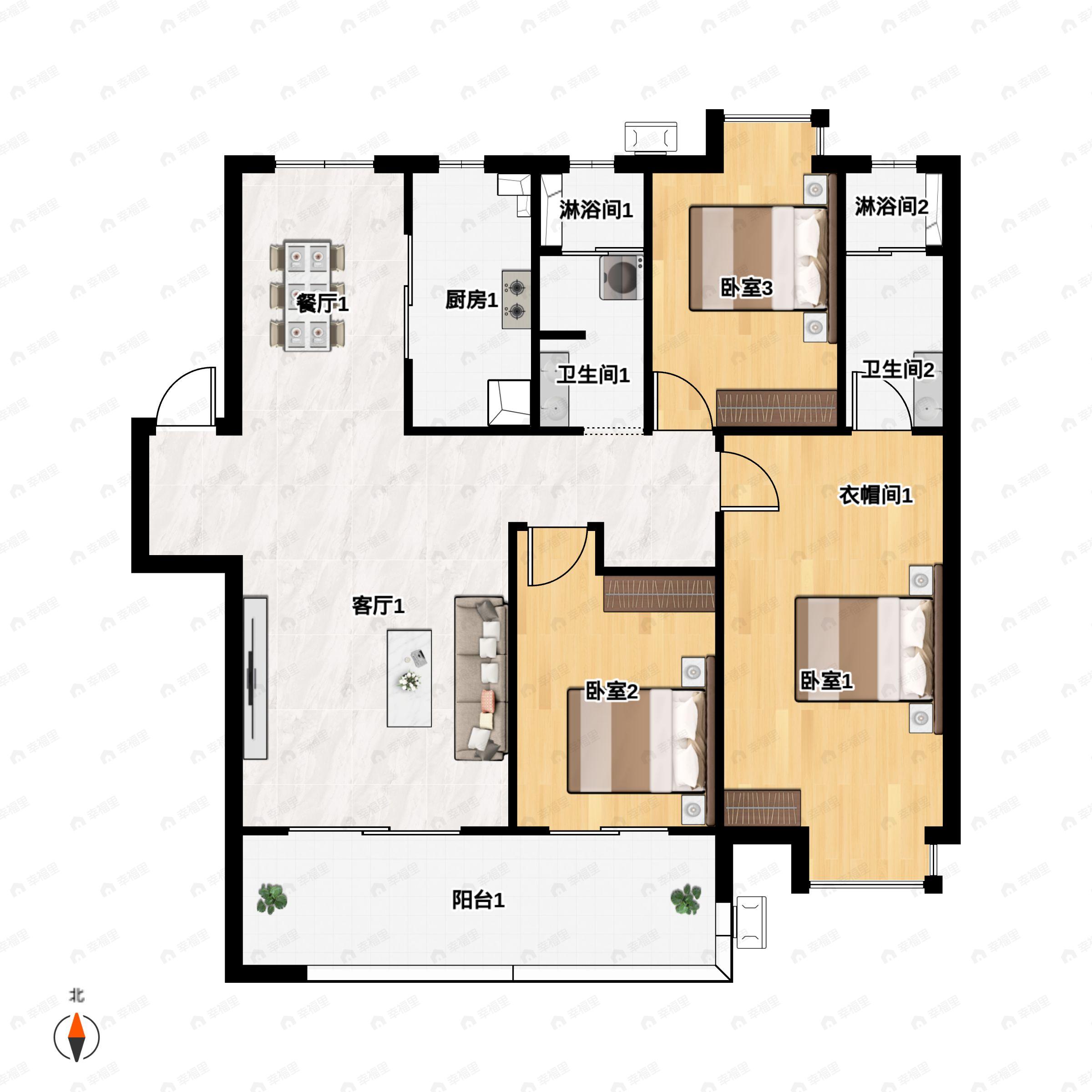 3室2厅2卫建面134m²南户型图