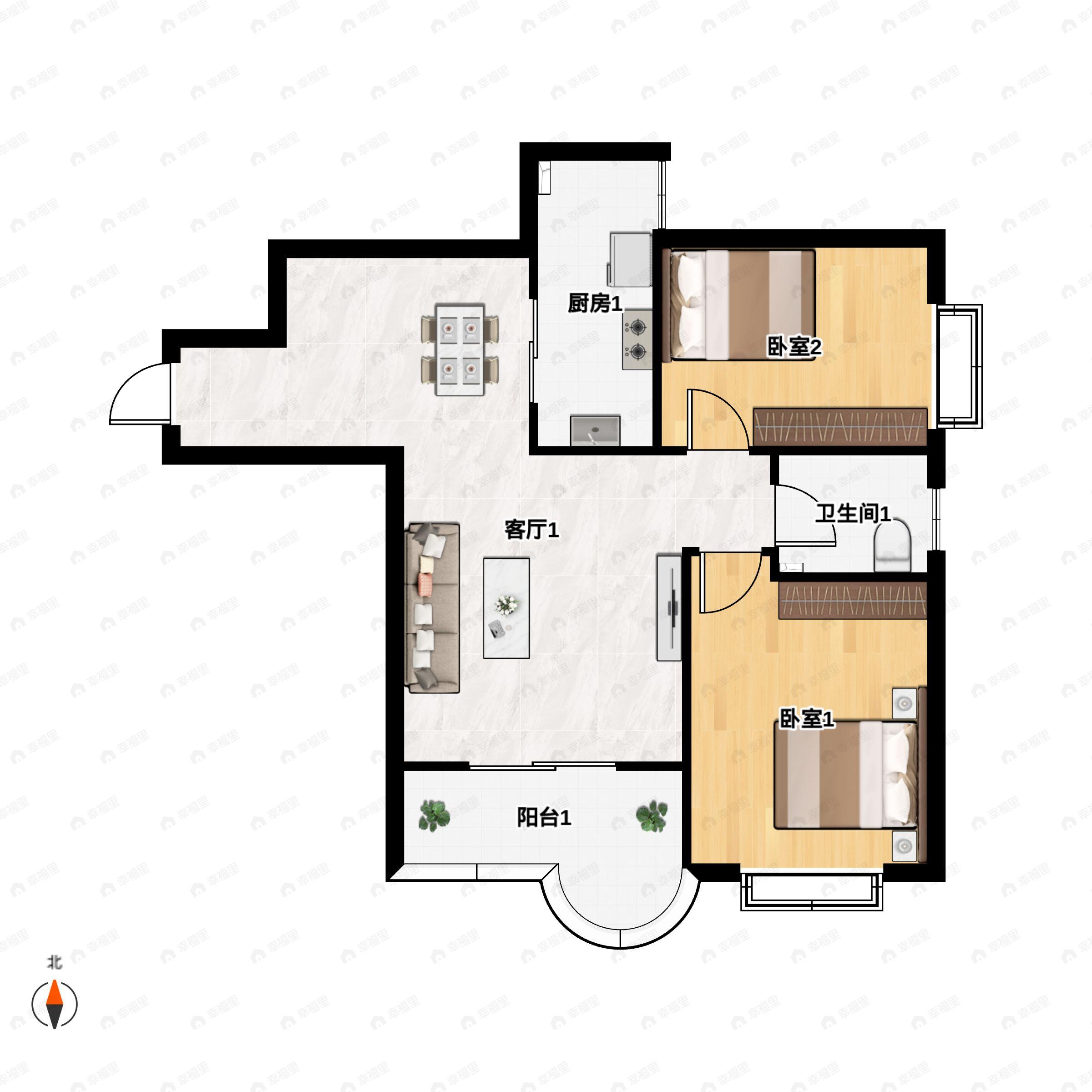 2室2厅1卫建面95平南户型图