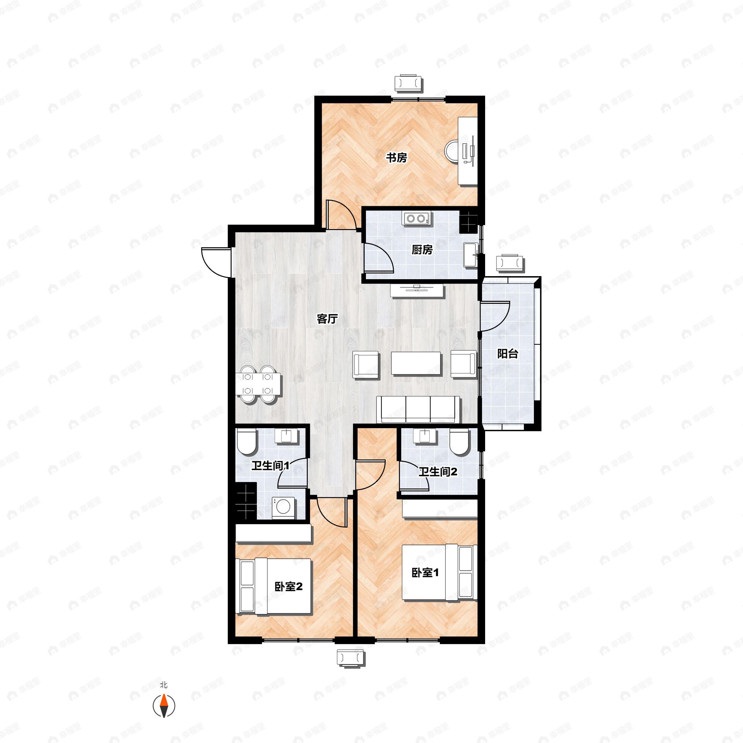 3室2厅2卫建面124平户型图