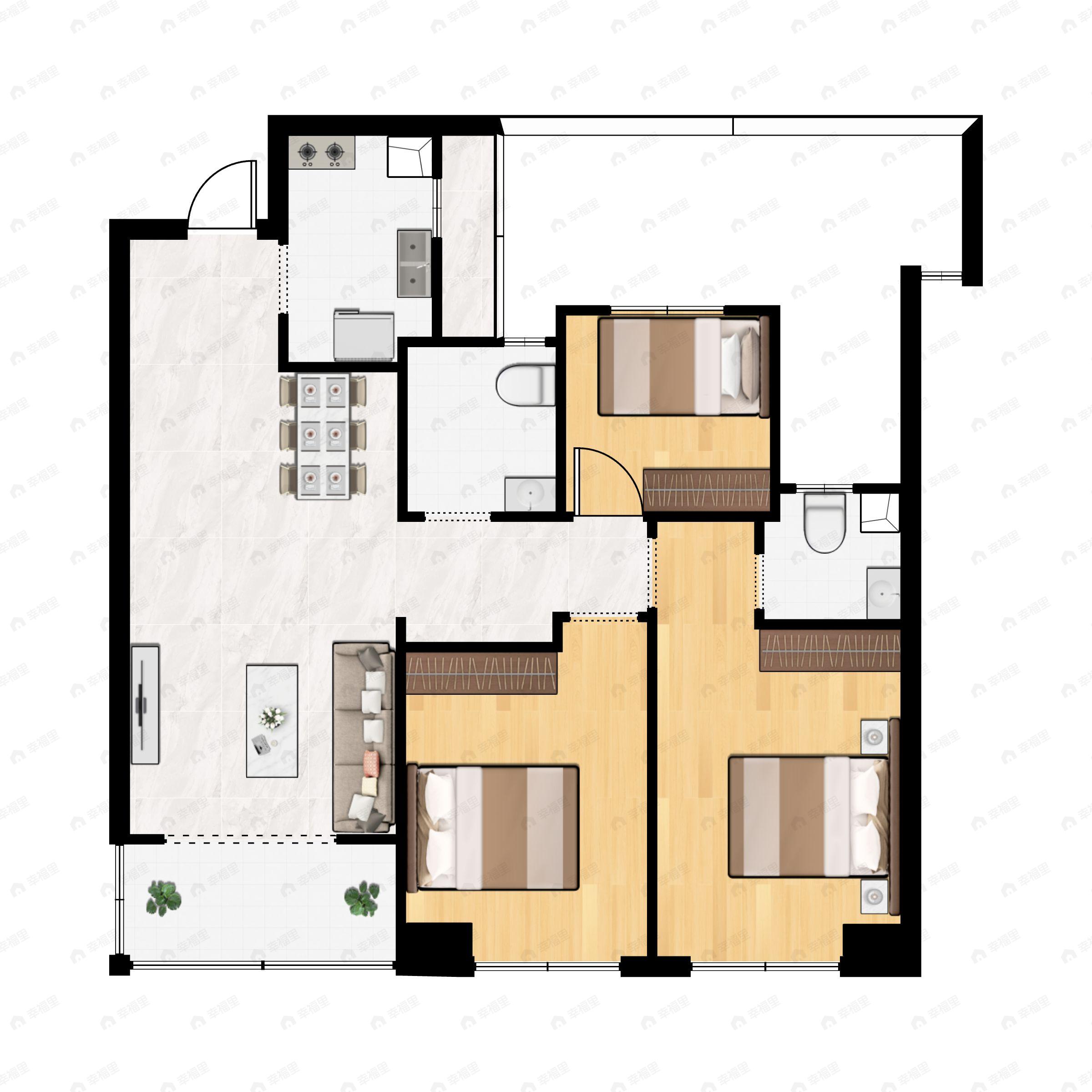 3室2厅2卫建面89m²南户型图