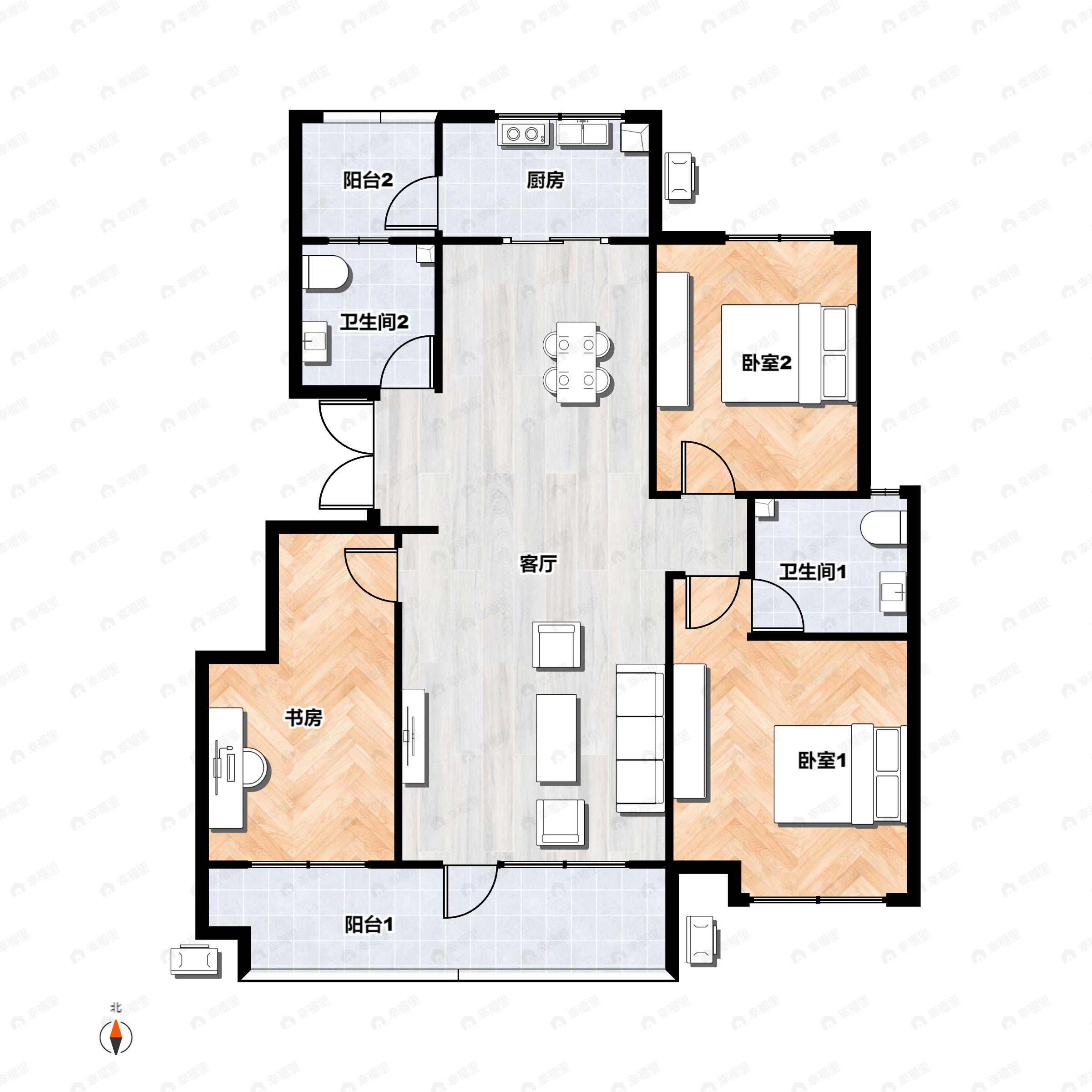 3室2厅2卫建面117平北|南户型图