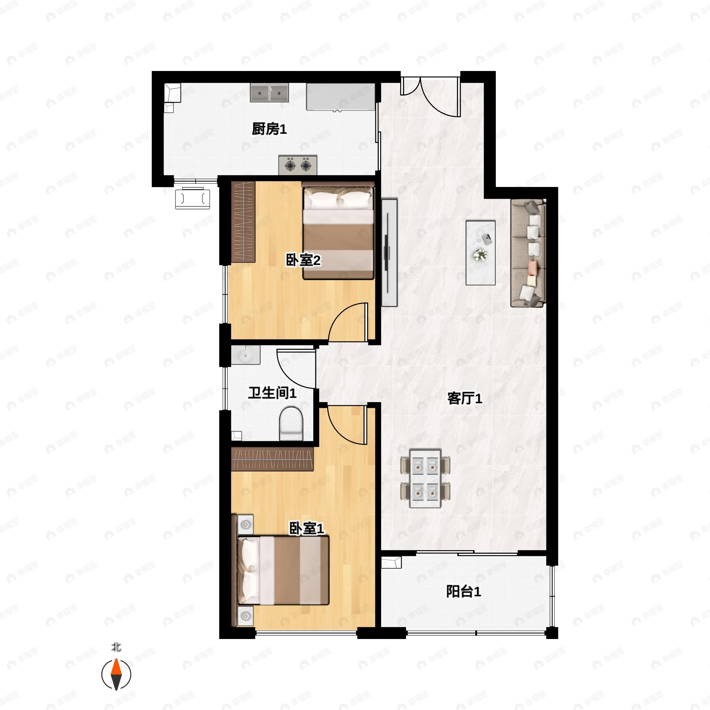 2室2厅1卫建面89m²南户型图