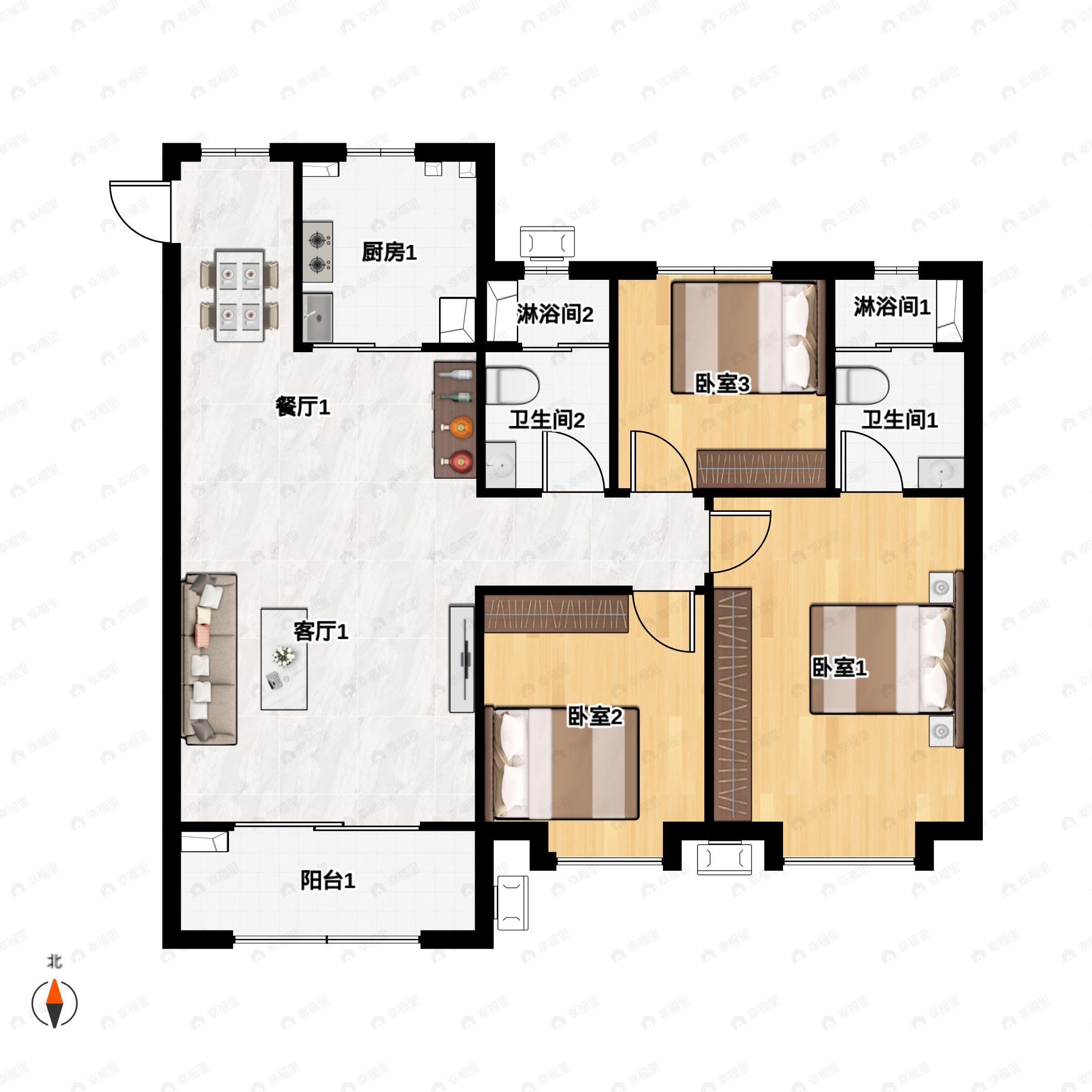 3室2厅2卫建面106平南|北户型图