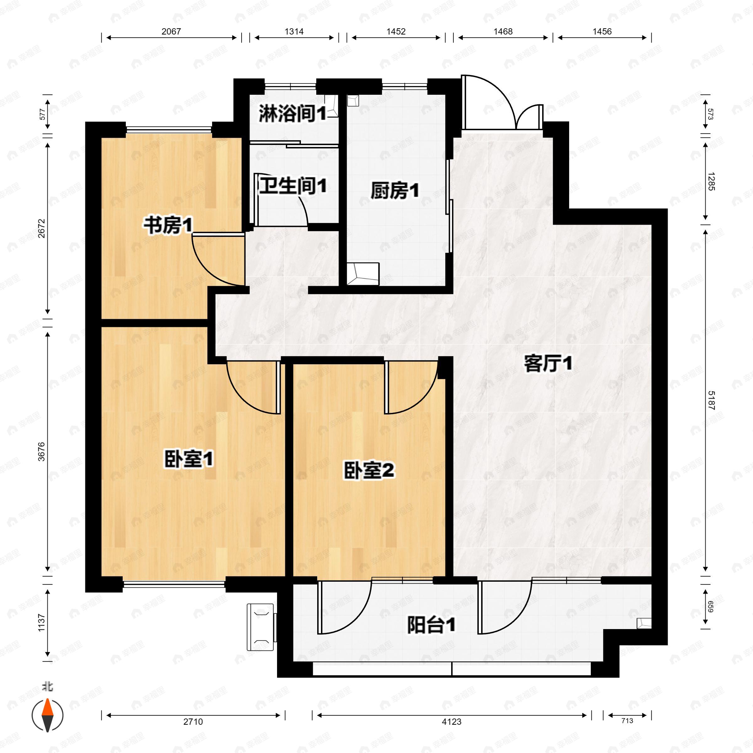 3室2厅1卫建面103m²南户型图