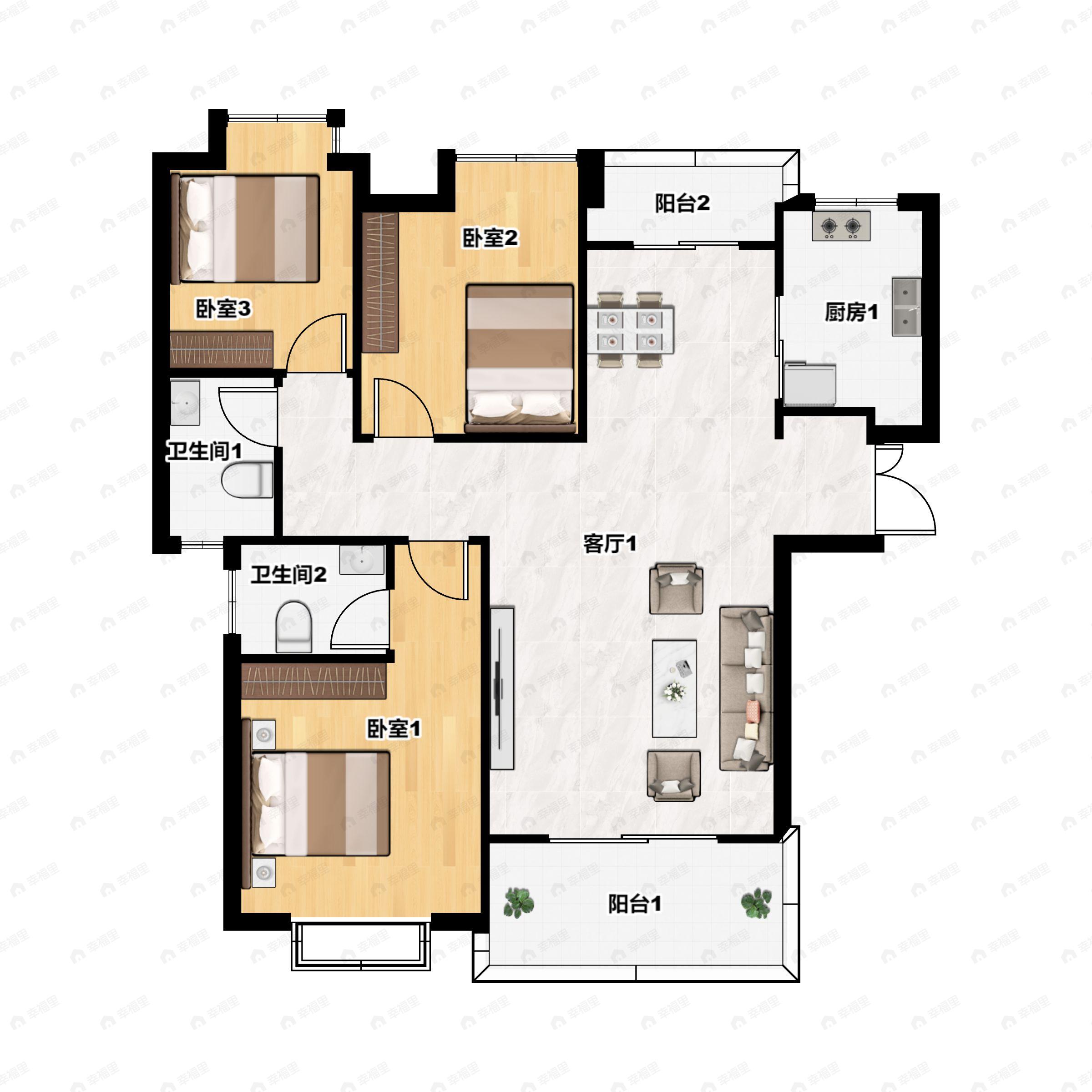 3室2厅2卫建面136m²东户型图