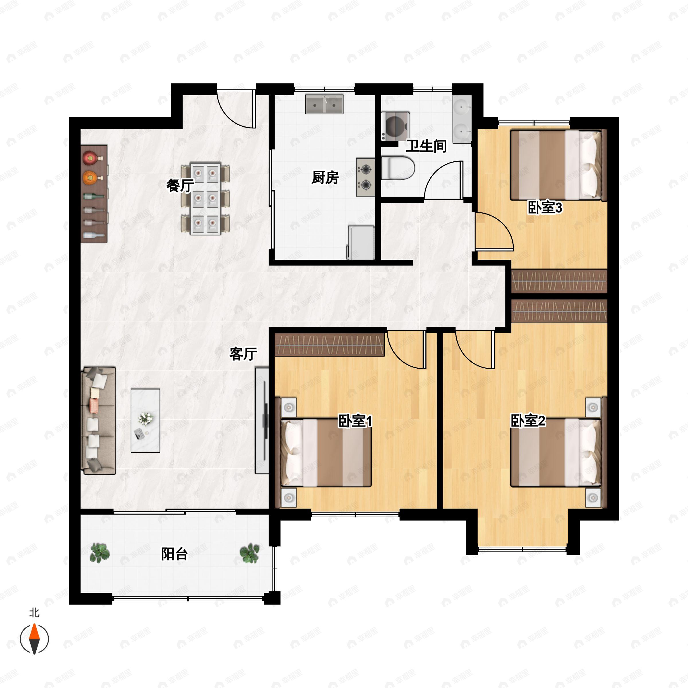 3室2厅1卫建面91m²北|南户型图