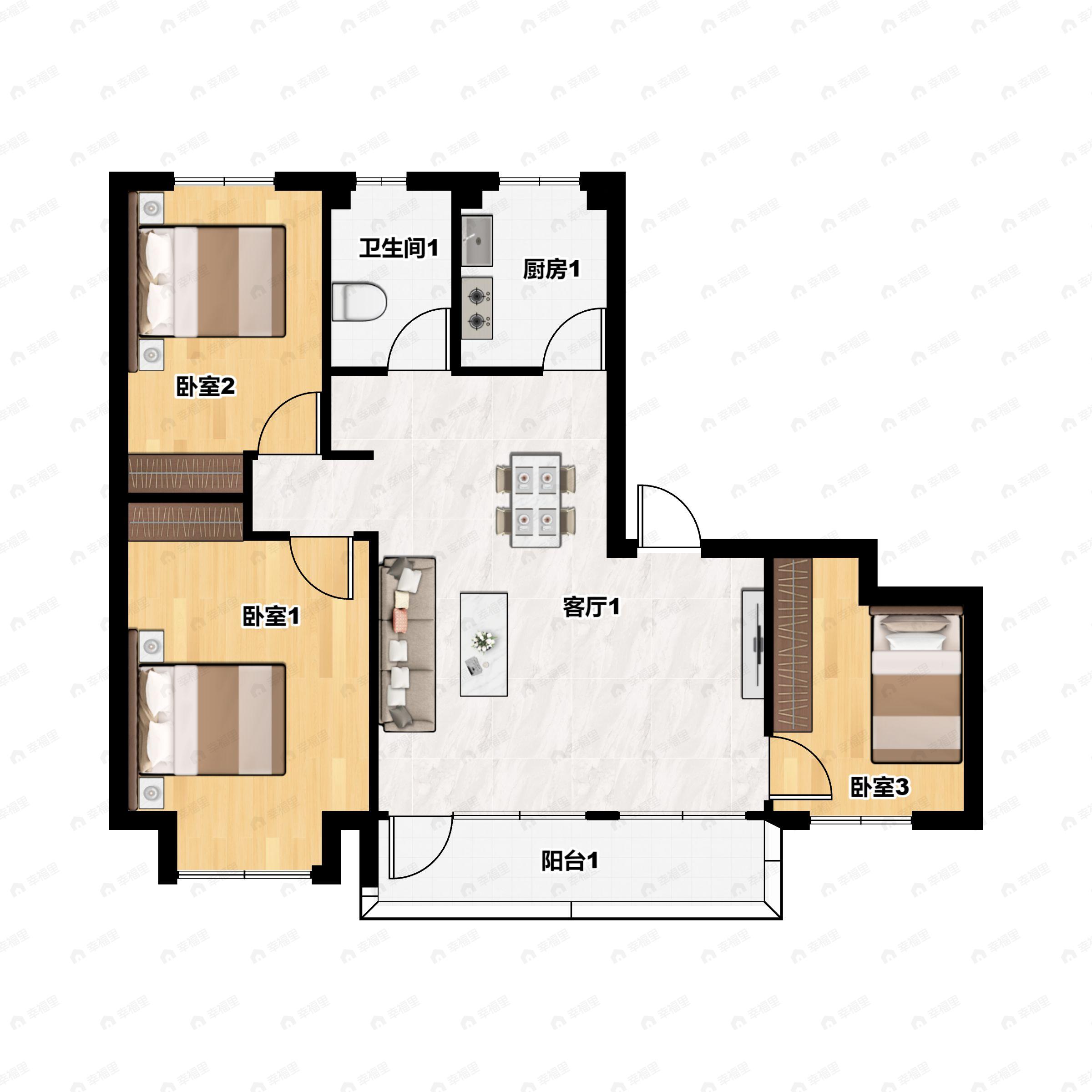 3室2厅1卫建面99平北|南户型图