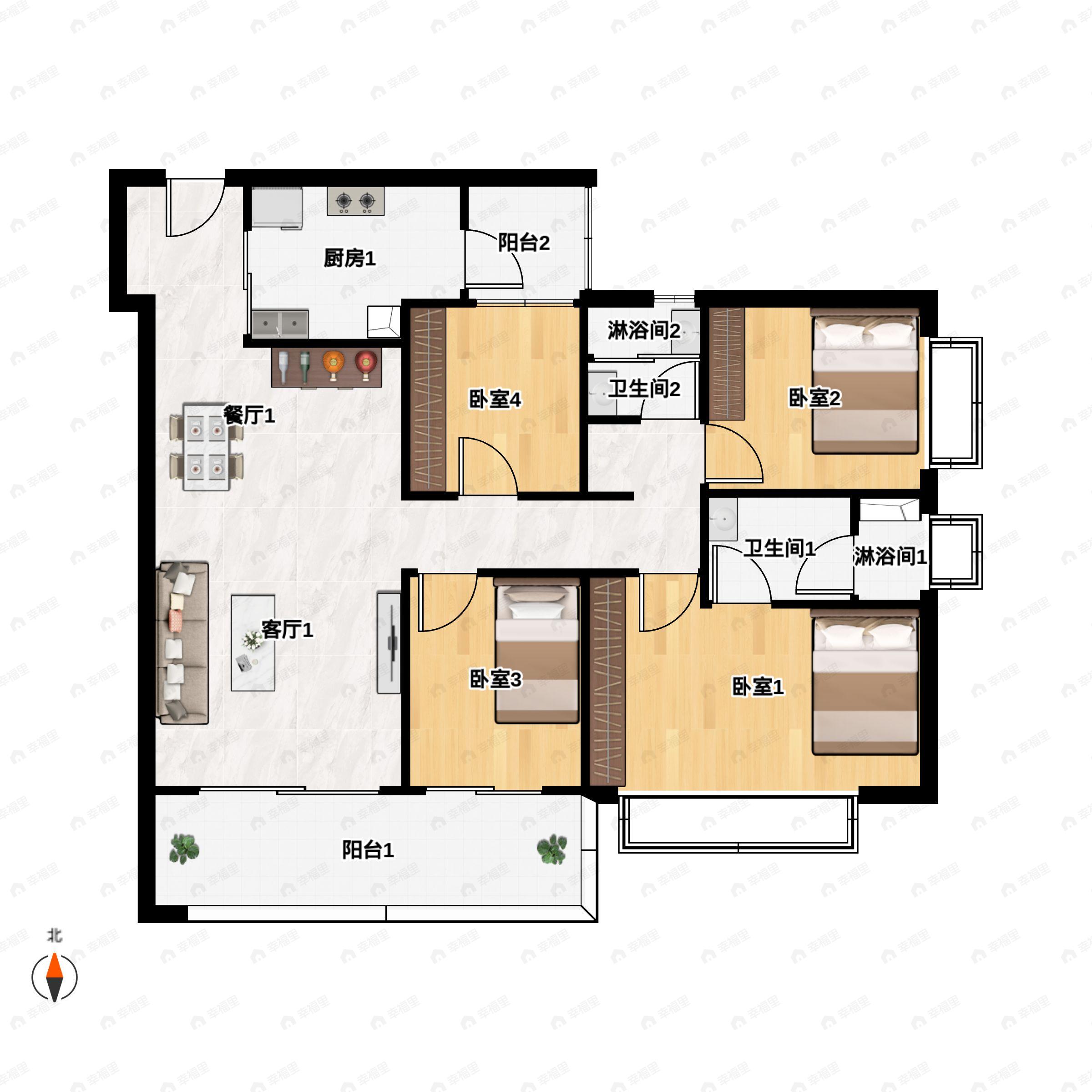 4室2厅2卫建面132平南户型图